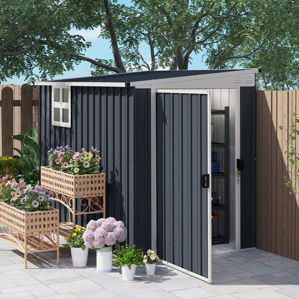 Outsunny 7.6 x 4ft Garden Metal Shed, Outdoor Storage Shed with Window, 2 Vents and Lockable Door for Garden, Patio, Dark Grey - SGP Garden Ltd
