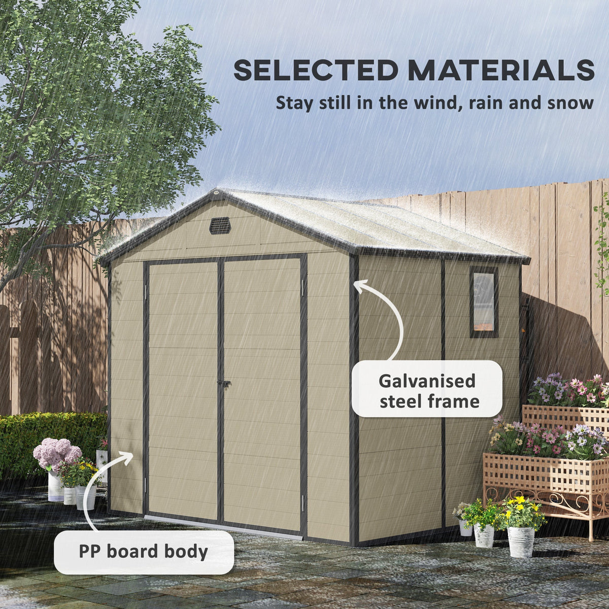 Outsunny 7.9ft x 6.2ft Aluminium Frame and Plastic Wall Shed, with Foundation - Cream White - SGP Garden Ltd