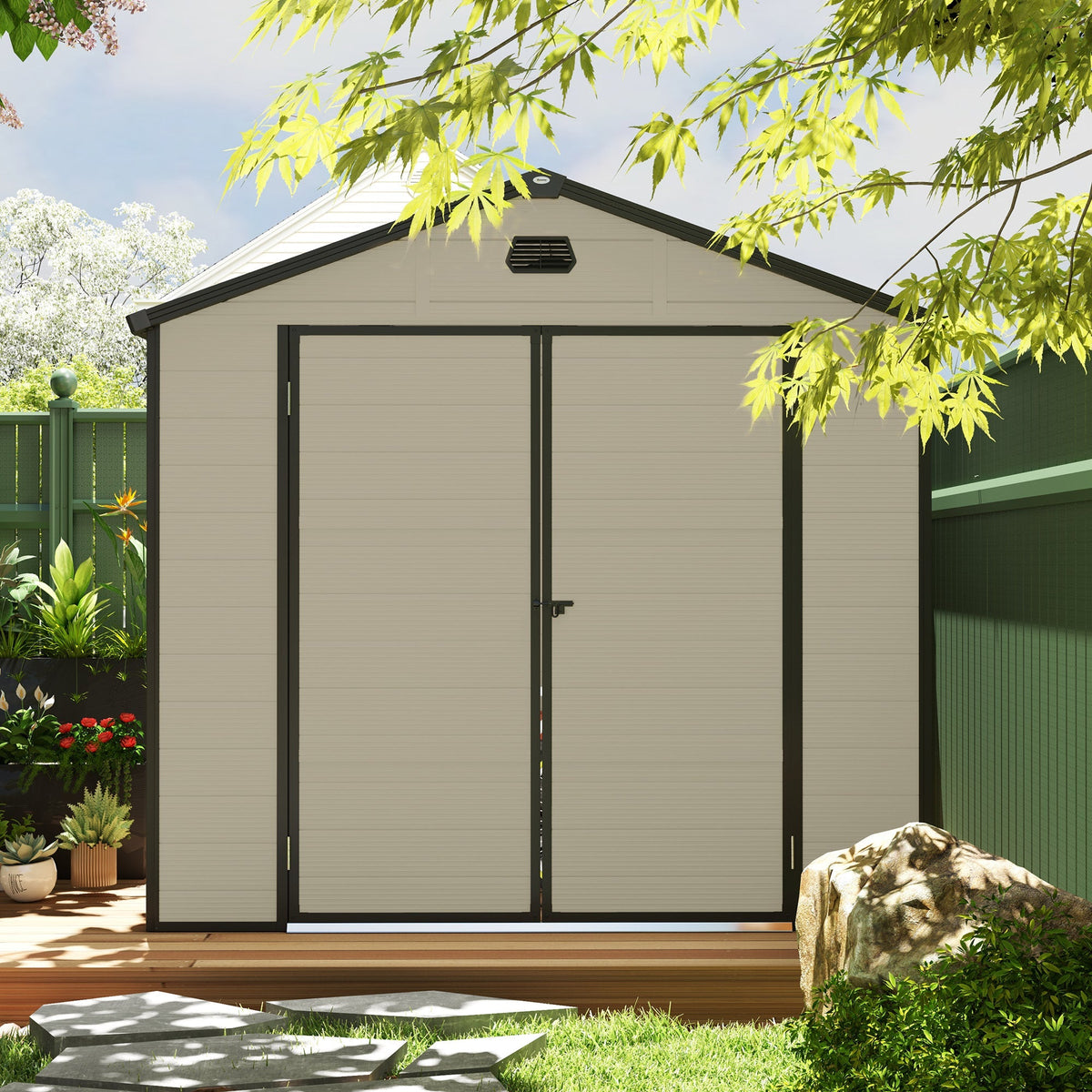 Outsunny 7.9ft x 6.2ft Aluminium Frame and Plastic Wall Shed, with Foundation - Cream White - SGP Garden Ltd