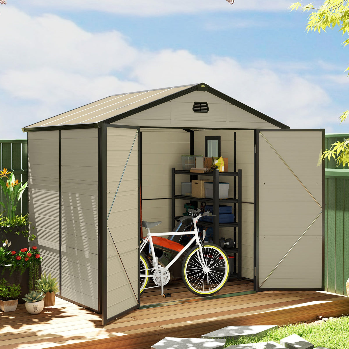Outsunny 7.9ft x 6.2ft Aluminium Frame and Plastic Wall Shed, with Foundation - Cream White - SGP Garden Ltd