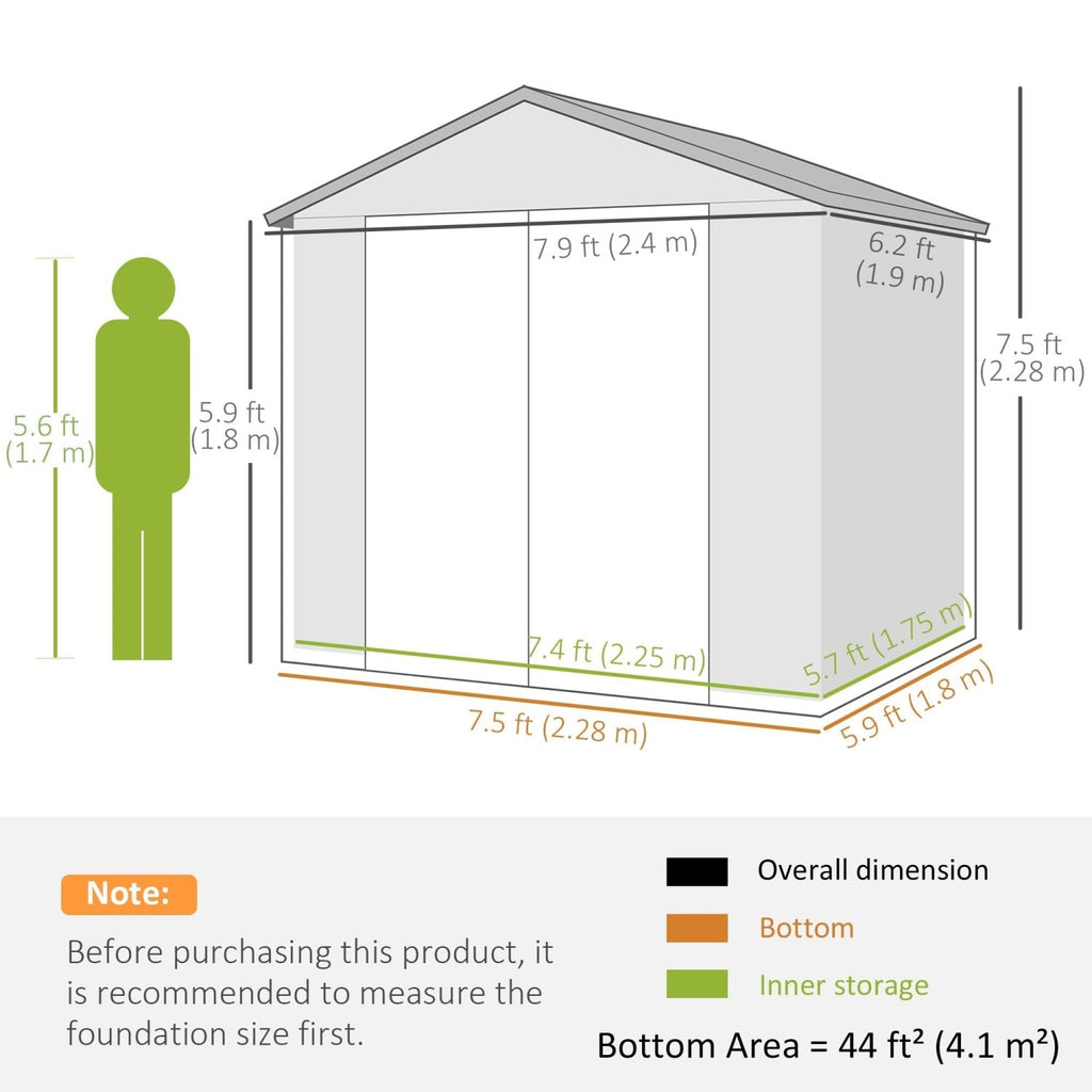 Outsunny 7.9ft x 6.2ft Aluminium Frame and Plastic Wall Shed, with Foundation - Grey - SGP Garden Ltd
