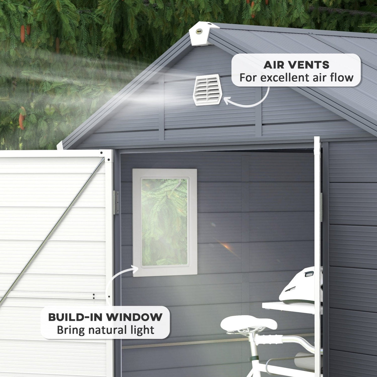 Outsunny 7.9ft x 6.2ft Aluminium Frame and Plastic Wall Shed, with Foundation - Grey - SGP Garden Ltd
