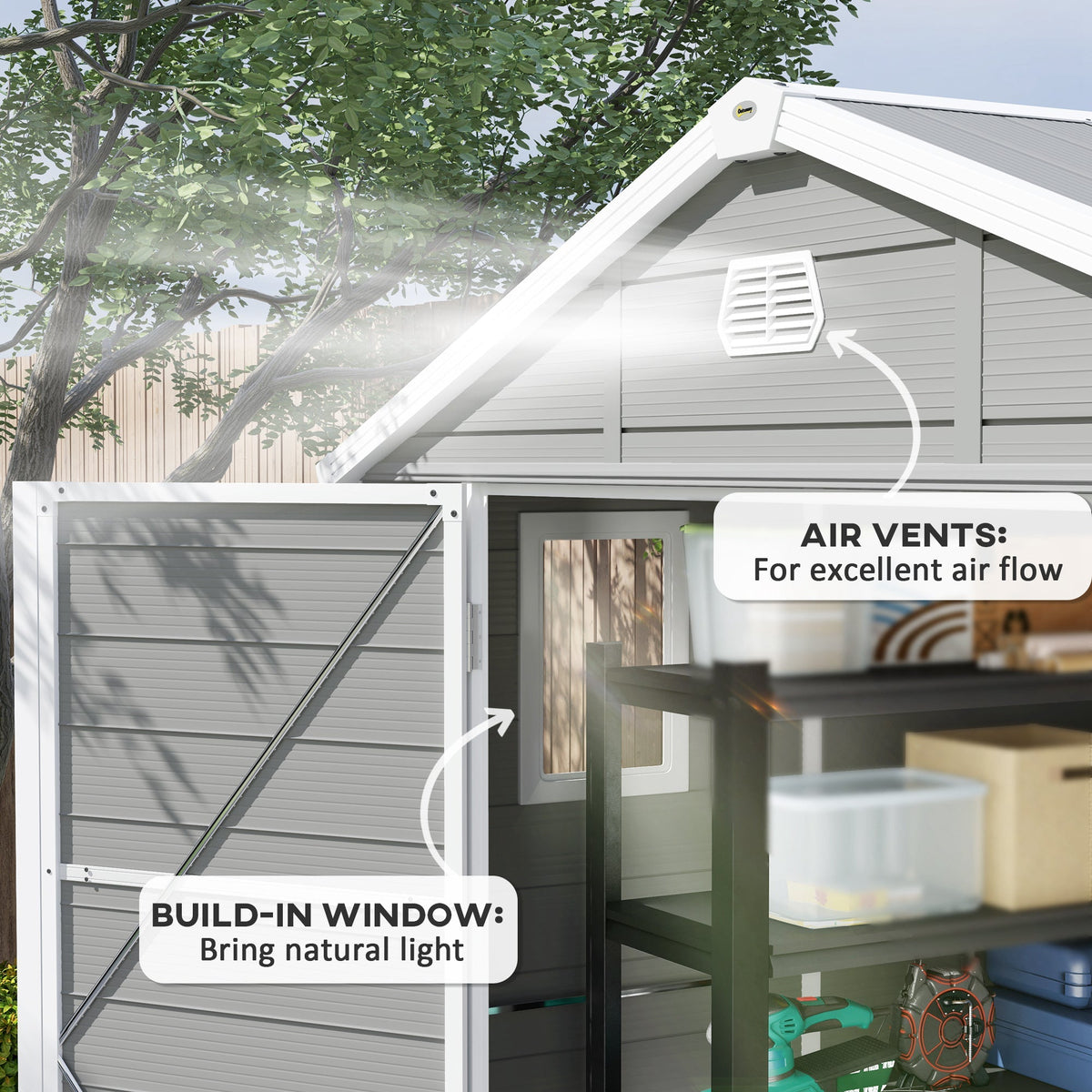 Outsunny 7.9ft x 6.2ft Aluminium Frame and Plastic Wall Shed, with Foundation - Light Grey - SGP Garden Ltd