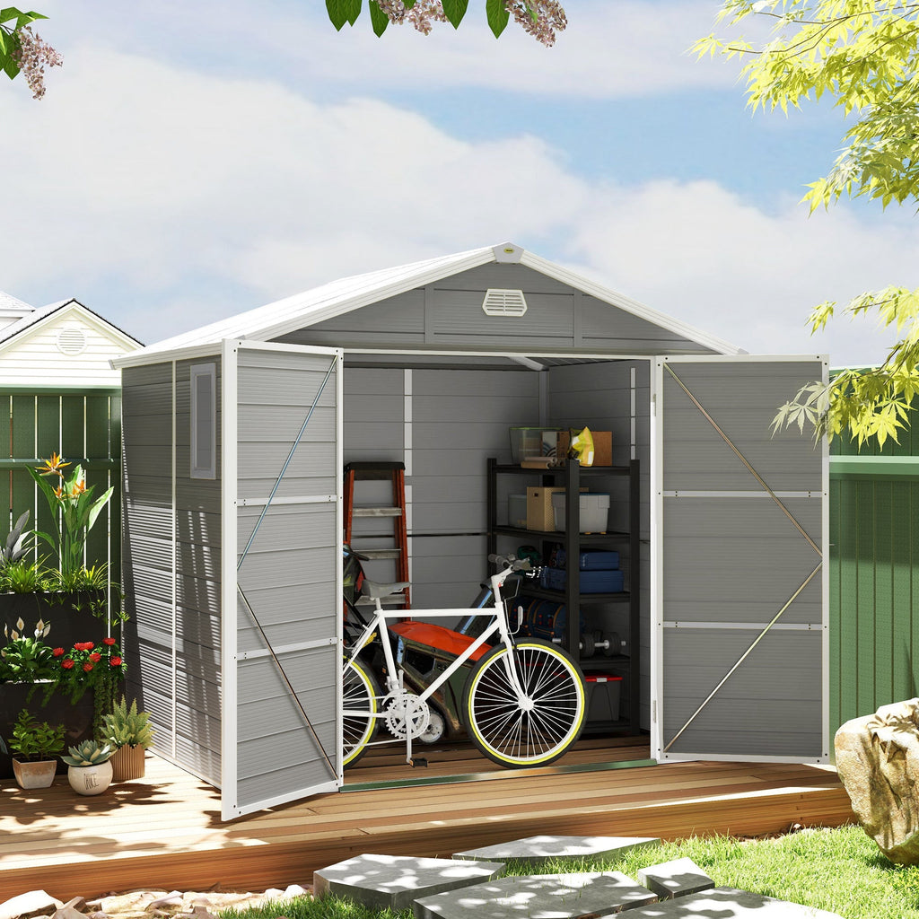 Outsunny 7.9ft x 6.2ft Aluminium Frame and Plastic Wall Shed, with Foundation - Light Grey - SGP Garden Ltd