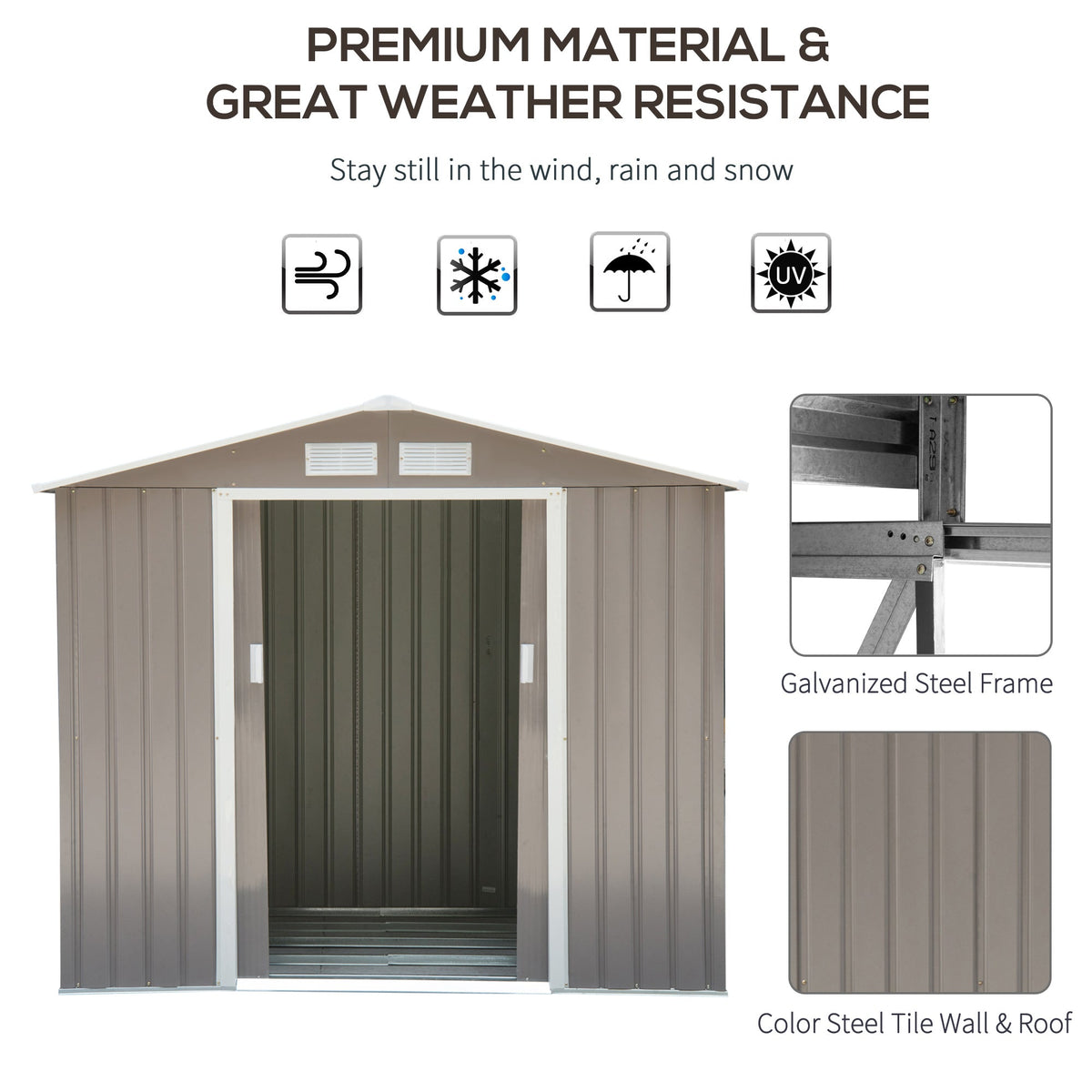 Outsunny 7ft x 4ft Lockable Garden Metal Storage Shed Storage Roofed Tool Metal Shed w/ Air Vents Steel Grey - SGP Garden Ltd