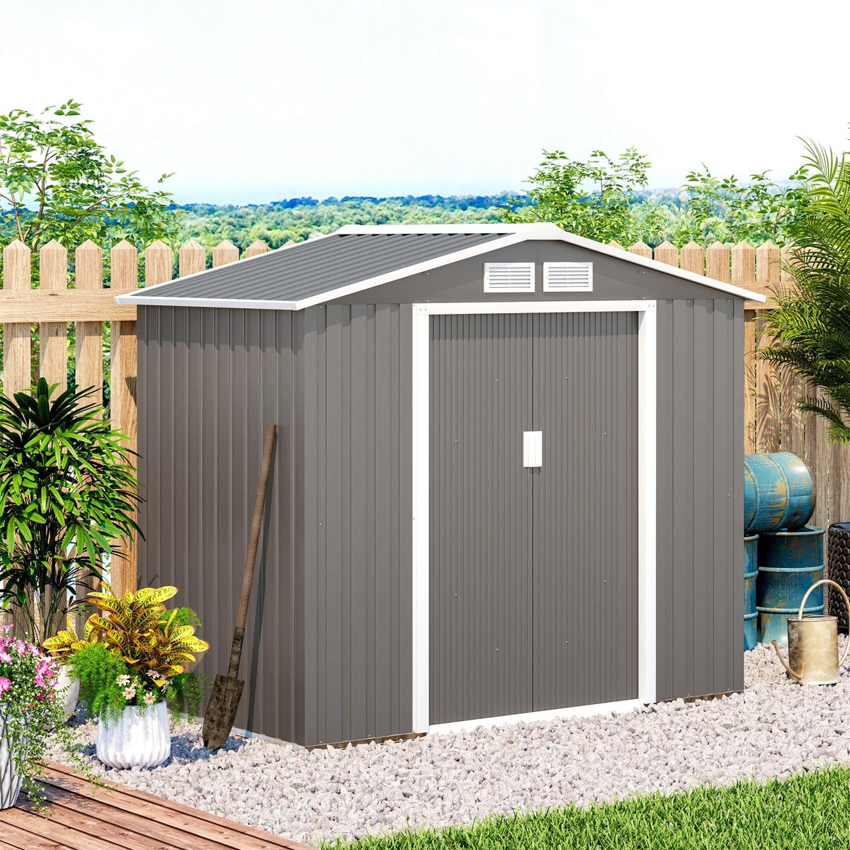 Outsunny 7ft x 4ft Lockable Garden Metal Storage Shed Storage Roofed Tool Metal Shed w/ Air Vents Steel Grey - SGP Garden Ltd