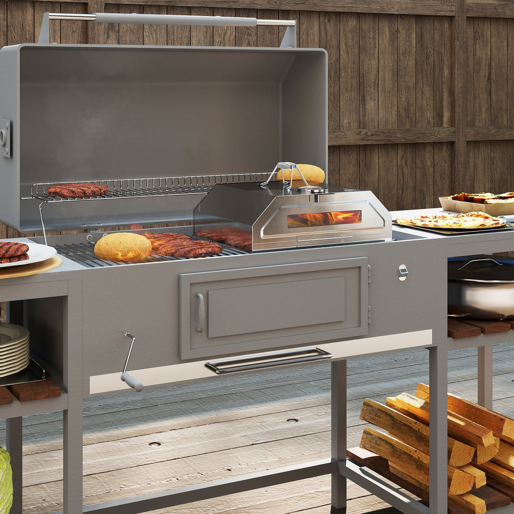 Outsunny 8 in Portable Stainless Steel BBQ Grill Top Pizza Oven with Built-in Thermometer and Viewing Window for Gas and Charcoal BBQ Grills, Includes Carry Handles, Pizza Stone and Peel, Silver Tone - SGP Garden Ltd