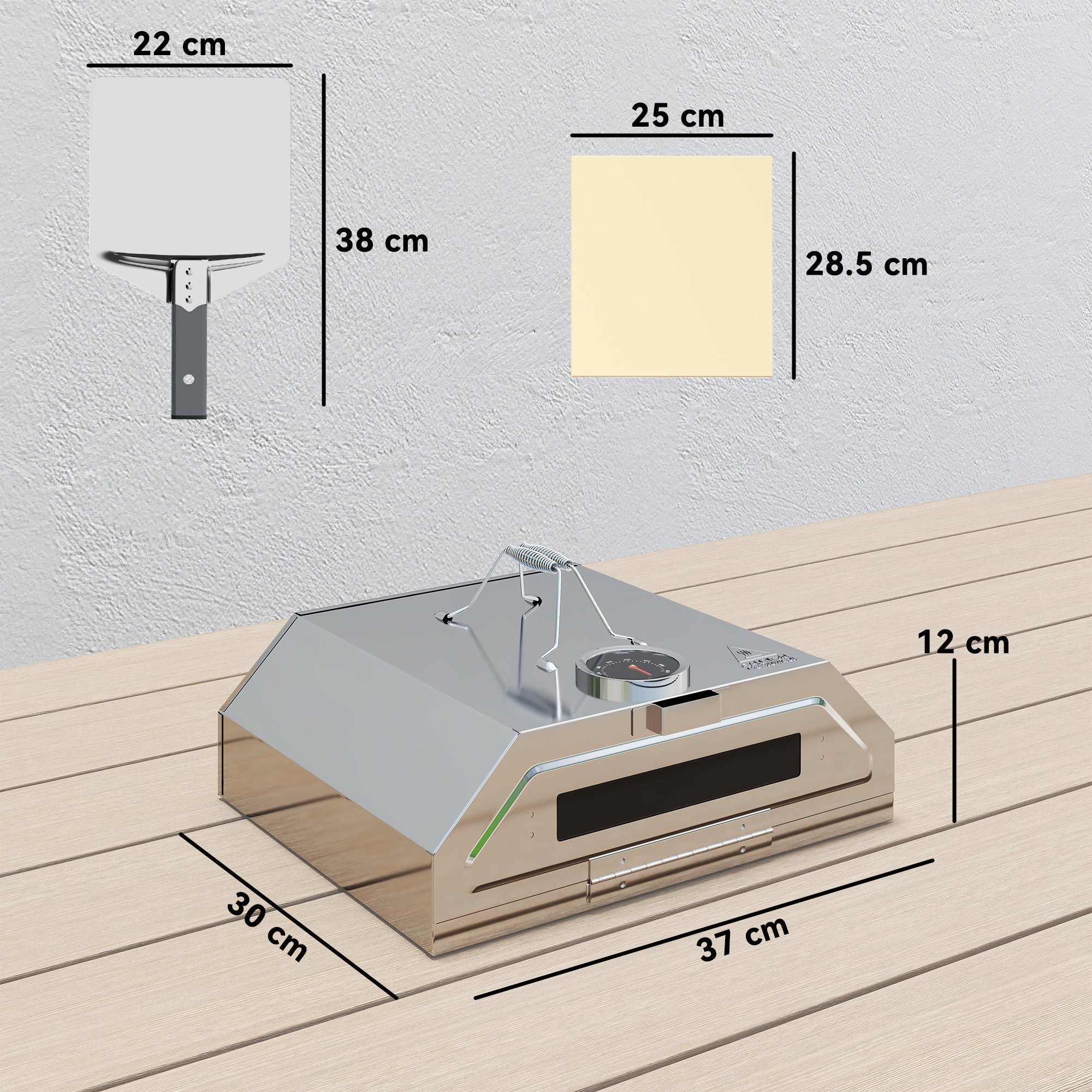 Outsunny 8 in Portable Stainless Steel BBQ Grill Top Pizza Oven with Built-in Thermometer and Viewing Window for Gas and Charcoal BBQ Grills, Includes Carry Handles, Pizza Stone and Peel, Silver Tone - SGP Garden Ltd