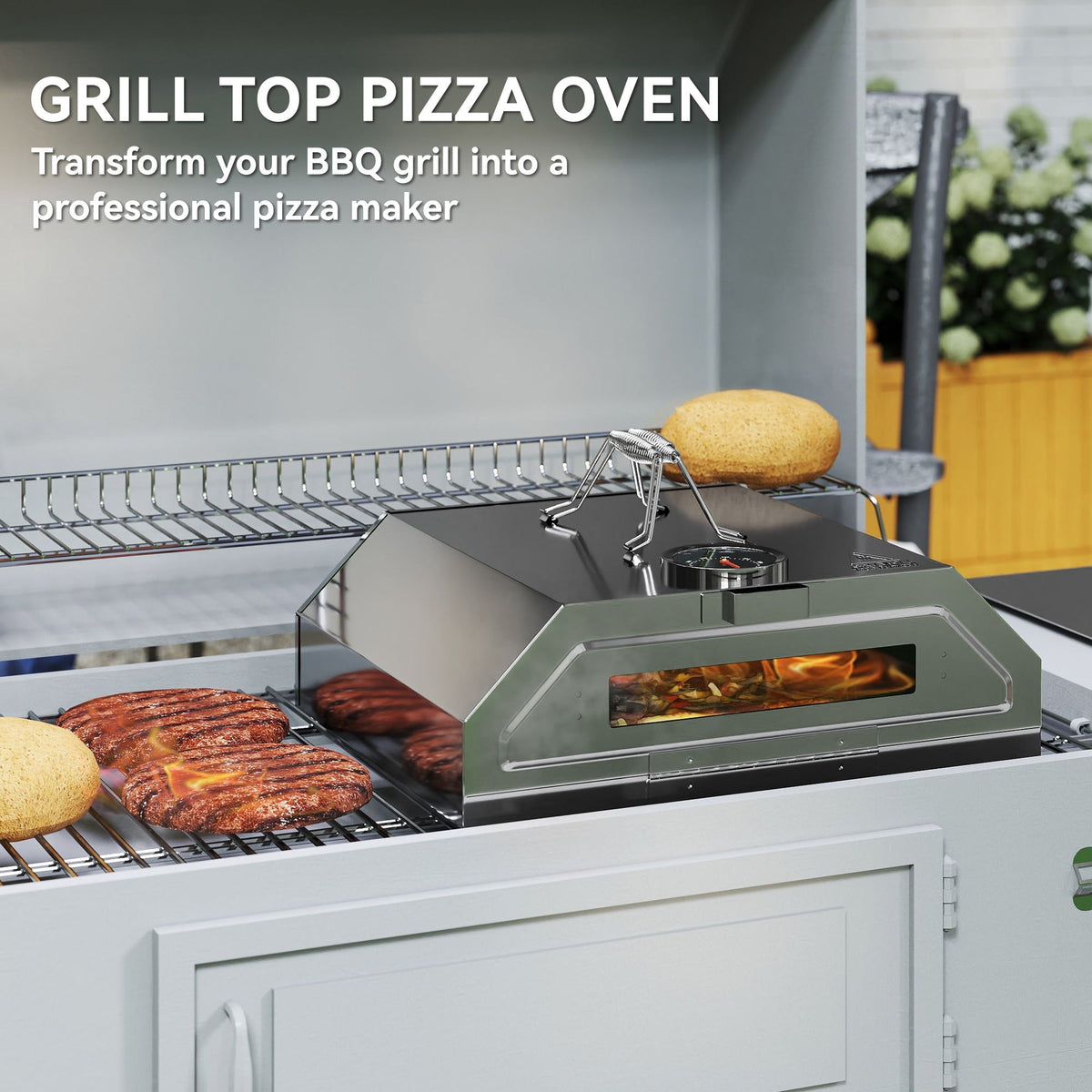 Outsunny 8 in Portable Stainless Steel BBQ Grill Top Pizza Oven with Built-in Thermometer and Viewing Window for Gas and Charcoal BBQ Grills, Includes Carry Handles, Pizza Stone and Peel, Silver Tone - SGP Garden Ltd