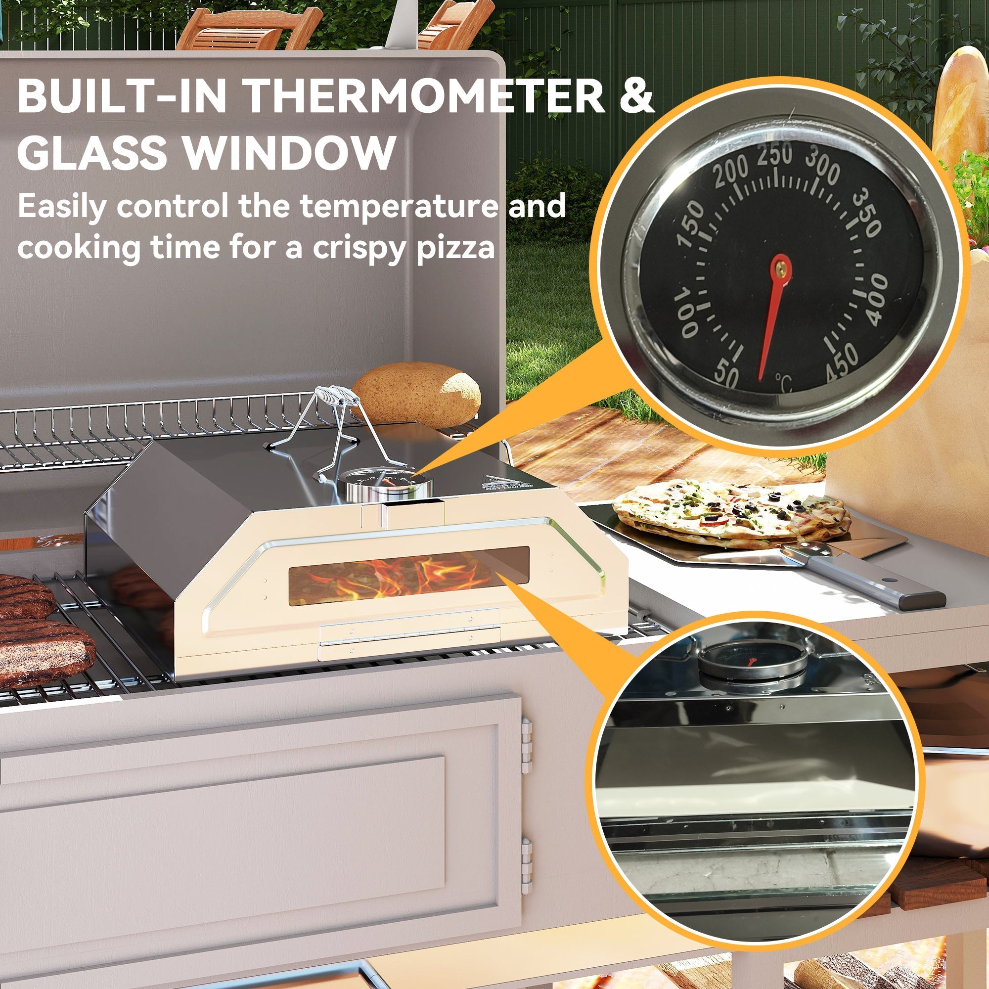 Outsunny 8 in Portable Stainless Steel BBQ Grill Top Pizza Oven with Built-in Thermometer and Viewing Window for Gas and Charcoal BBQ Grills, Includes Carry Handles, Pizza Stone and Peel, Silver Tone - SGP Garden Ltd