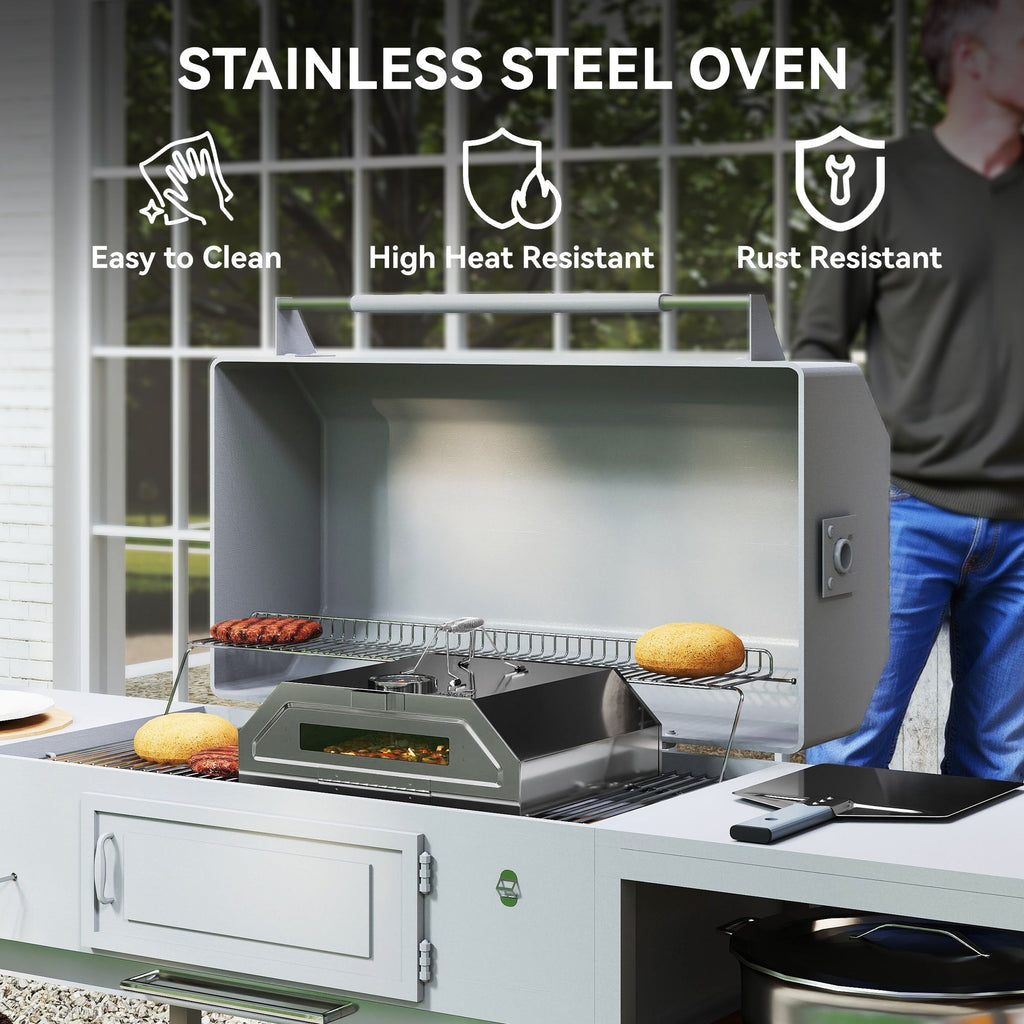 Outsunny 8 in Portable Stainless Steel BBQ Grill Top Pizza Oven with Built-in Thermometer and Viewing Window for Gas and Charcoal BBQ Grills, Includes Carry Handles, Pizza Stone and Peel, Silver Tone - SGP Garden Ltd