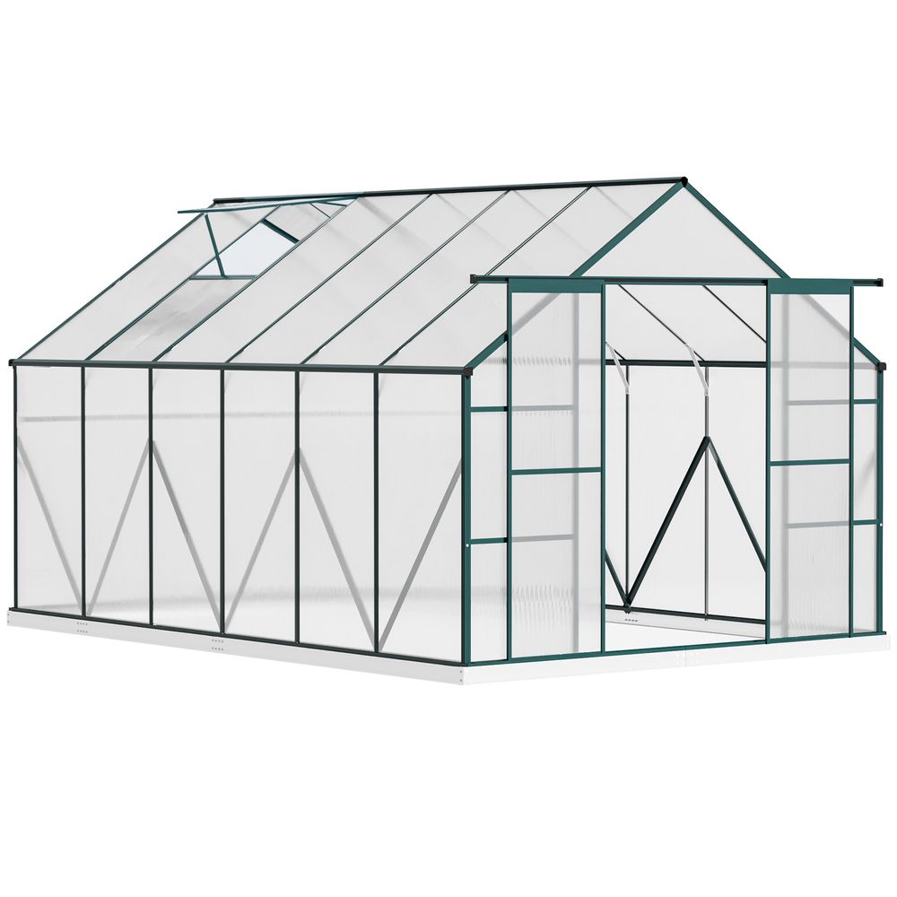 Outsunny 8 x 12ft Aluminium Greenhouse Polycarbonate Walk-in Garden Greenhouse Kit with Adjustable Roof Vent, Double Sliding Door, Rain Gutter and Foundation, Clear - SGP Garden Ltd