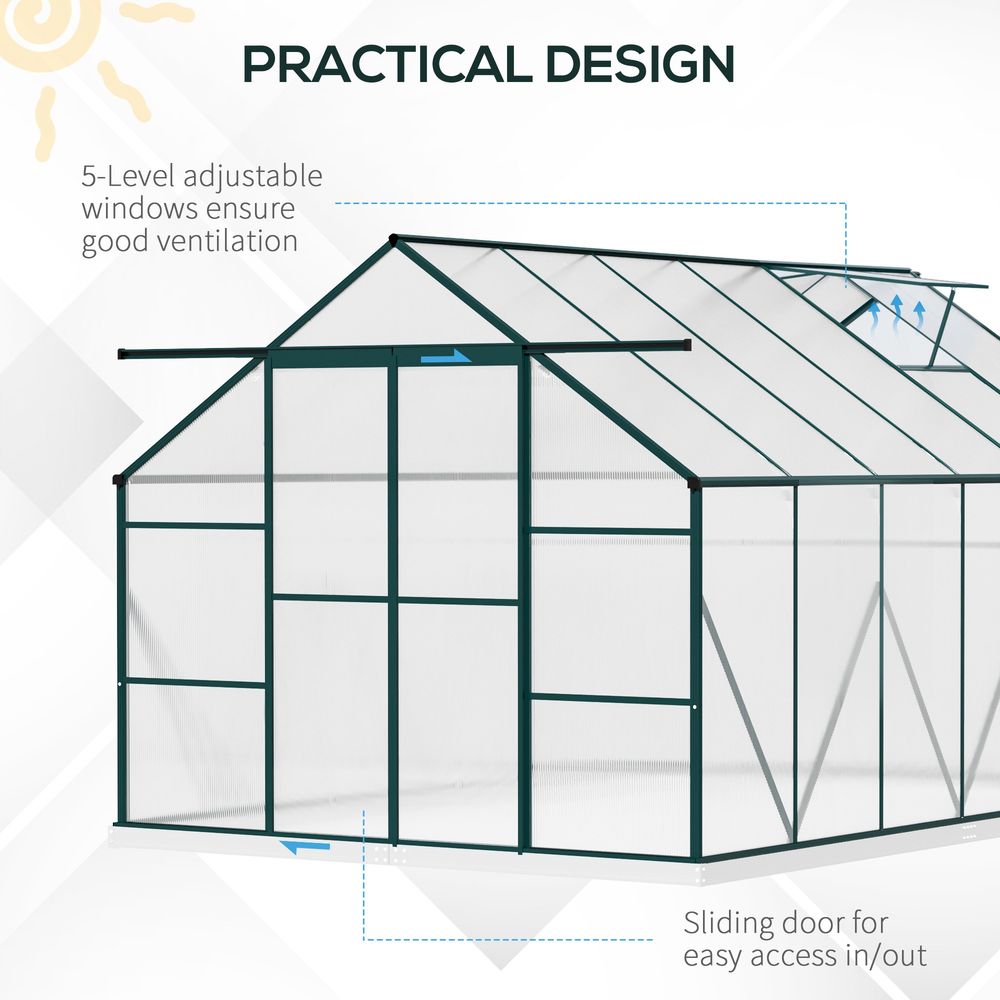 Outsunny 8 x 12ft Aluminium Greenhouse Polycarbonate Walk-in Garden Greenhouse Kit with Adjustable Roof Vent, Double Sliding Door, Rain Gutter and Foundation, Clear - SGP Garden Ltd