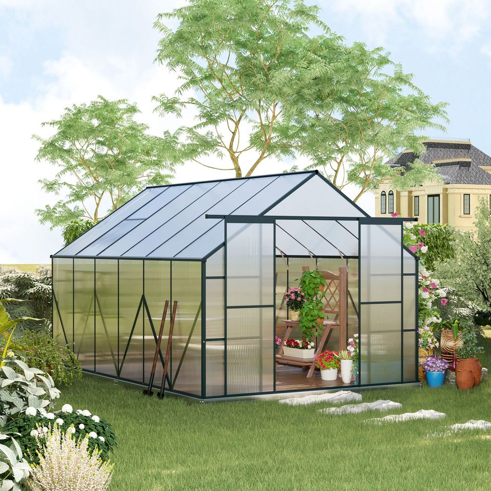 Outsunny 8 x 12ft Aluminium Greenhouse Polycarbonate Walk-in Garden Greenhouse Kit with Adjustable Roof Vent, Double Sliding Door, Rain Gutter and Foundation, Clear - SGP Garden Ltd