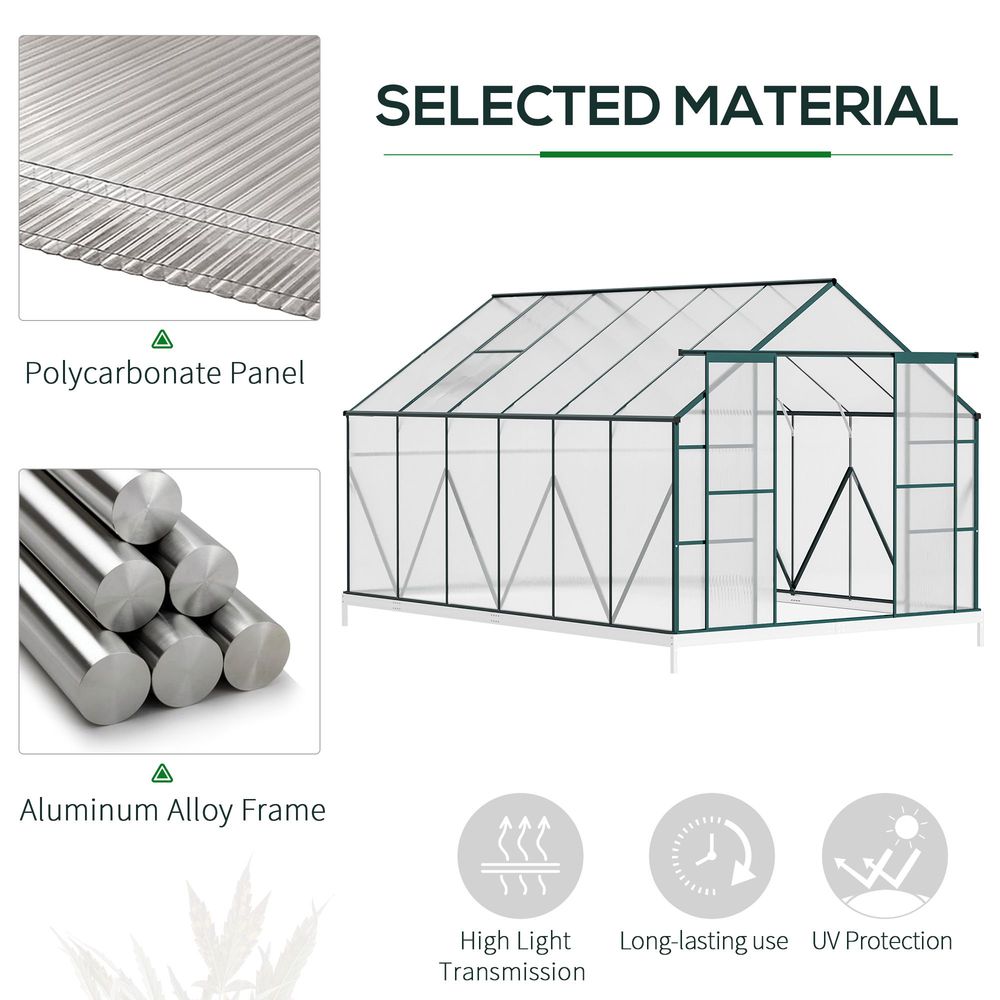Outsunny 8 x 12ft Aluminium Greenhouse Polycarbonate Walk-in Garden Greenhouse Kit with Adjustable Roof Vent, Double Sliding Door, Rain Gutter and Foundation, Clear - SGP Garden Ltd