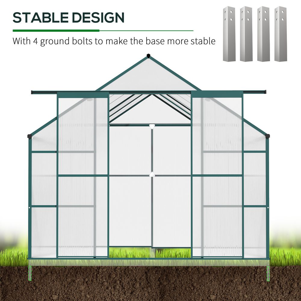 8 x 12ft Aluminium Polycarbonate Walk-in Garden Greenhouse Kit with Adjustable Roof Vent, Double Sliding Door, Rain Gutter