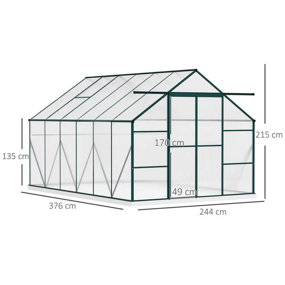 Outsunny 8 x 12ft Aluminium Greenhouse Polycarbonate Walk-in Garden Greenhouse Kit with Adjustable Roof Vent, Double Sliding Door, Rain Gutter and Foundation, Clear - SGP Garden Ltd