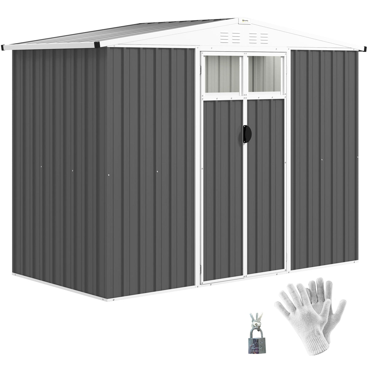 Outsunny 8 x 4 ft Metal Garden Shed, Garden Storage Shed with Window, 4 Vents and Lockable Door, Waterproof Galvanised Steel Tool Storage Shed, Dark Grey - SGP Garden Ltd