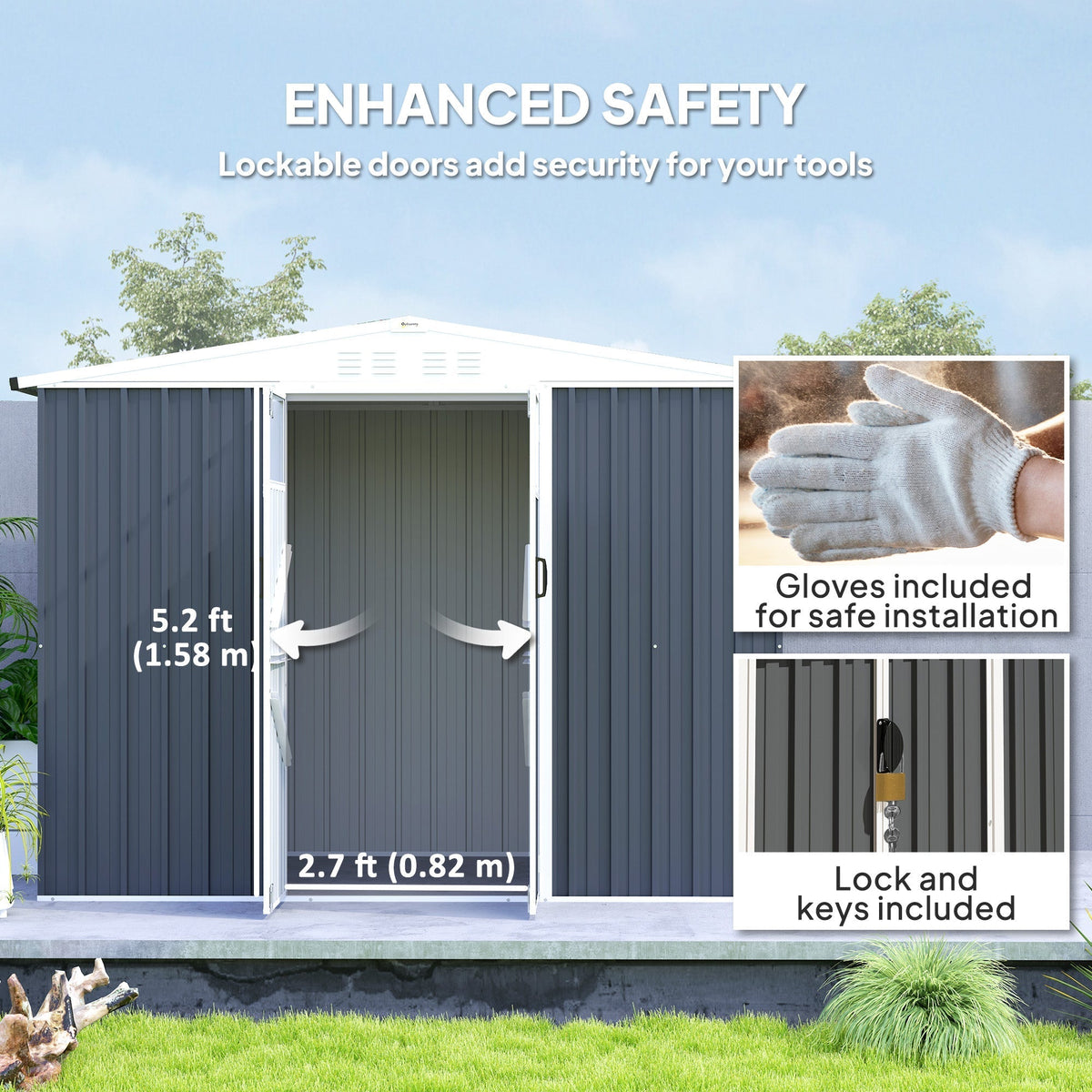 Outsunny 8 x 4 ft Metal Garden Shed, Garden Storage Shed with Window, 4 Vents and Lockable Door, Waterproof Galvanised Steel Tool Storage Shed, Dark Grey - SGP Garden Ltd