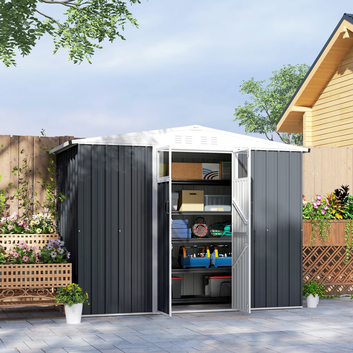 Outsunny 8 x 4 ft Metal Garden Shed, Garden Storage Shed with Window, 4 Vents and Lockable Door, Waterproof Galvanised Steel Tool Storage Shed, Dark Grey - SGP Garden Ltd