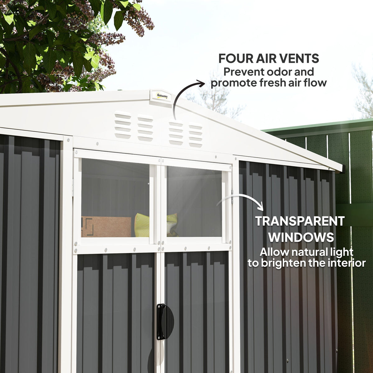Outsunny 8 x 4 ft Metal Garden Shed, Garden Storage Shed with Window, 4 Vents and Lockable Door, Waterproof Galvanised Steel Tool Storage Shed, Dark Grey - SGP Garden Ltd