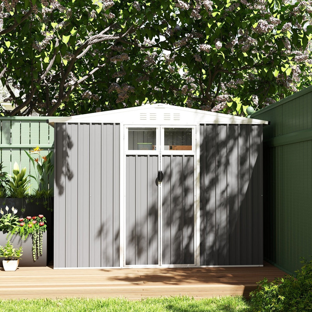 Outsunny 8 x 4 ft Metal Garden Shed, Garden Storage Shed with Window, 4 Vents and Lockable Door, Waterproof Galvanised Steel Tool Storage Shed, Light Grey - SGP Garden Ltd