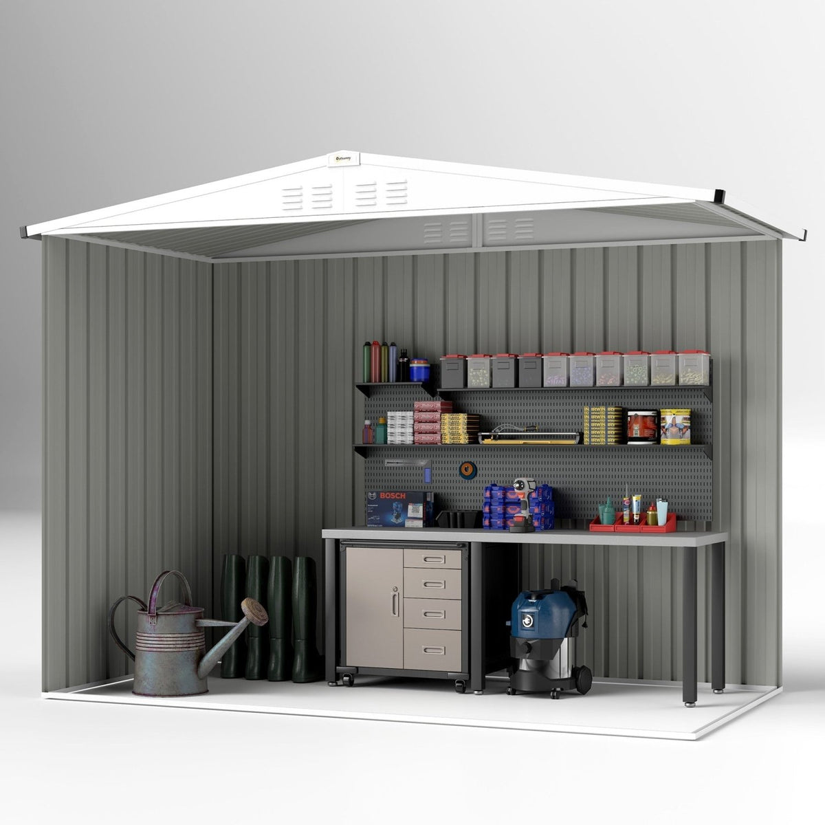 Outsunny 8 x 4 ft Metal Garden Shed, Garden Storage Shed with Window, 4 Vents and Lockable Door, Waterproof Galvanised Steel Tool Storage Shed, Light Grey - SGP Garden Ltd