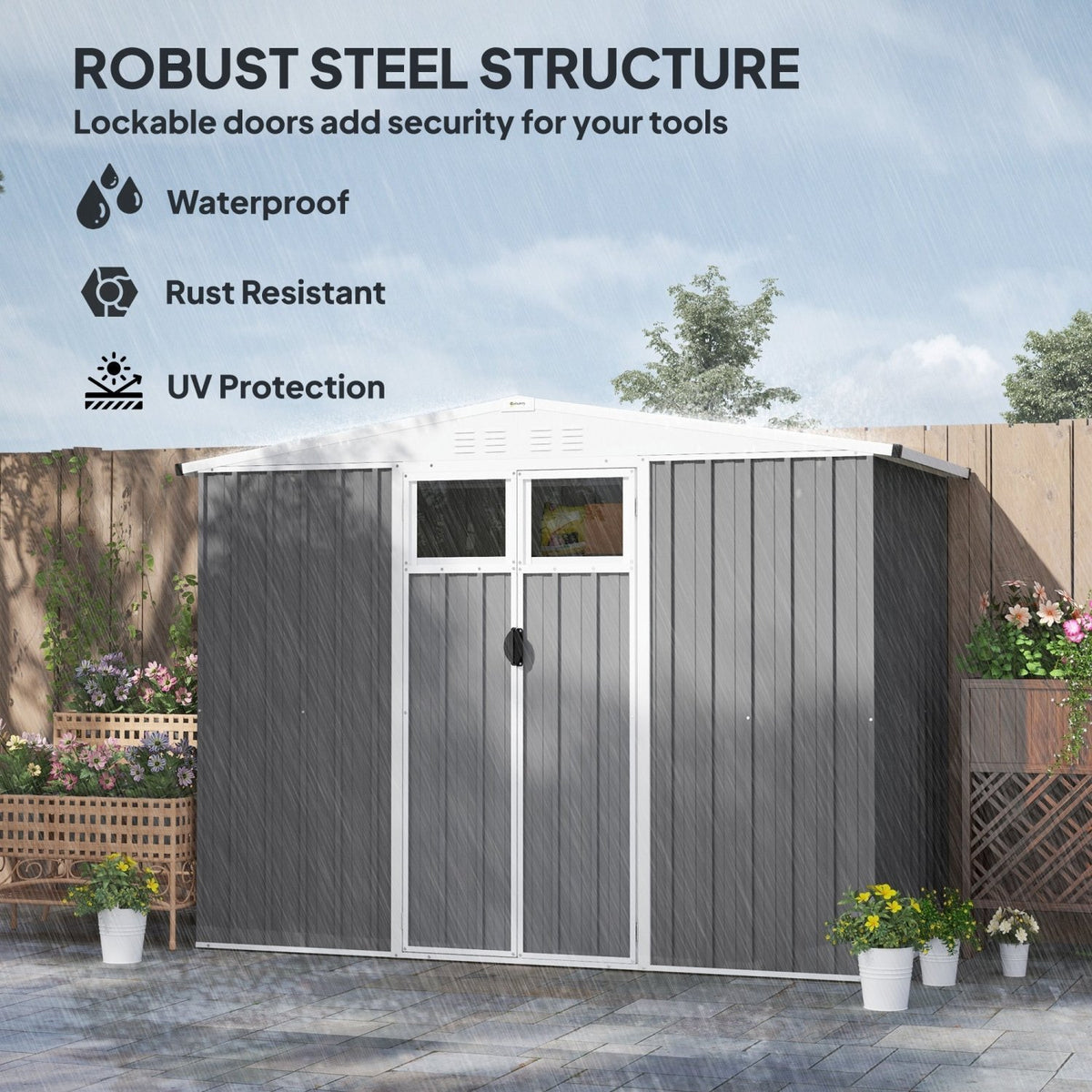 Outsunny 8 x 4 ft Metal Garden Shed, Garden Storage Shed with Window, 4 Vents and Lockable Door, Waterproof Galvanised Steel Tool Storage Shed, Light Grey - SGP Garden Ltd
