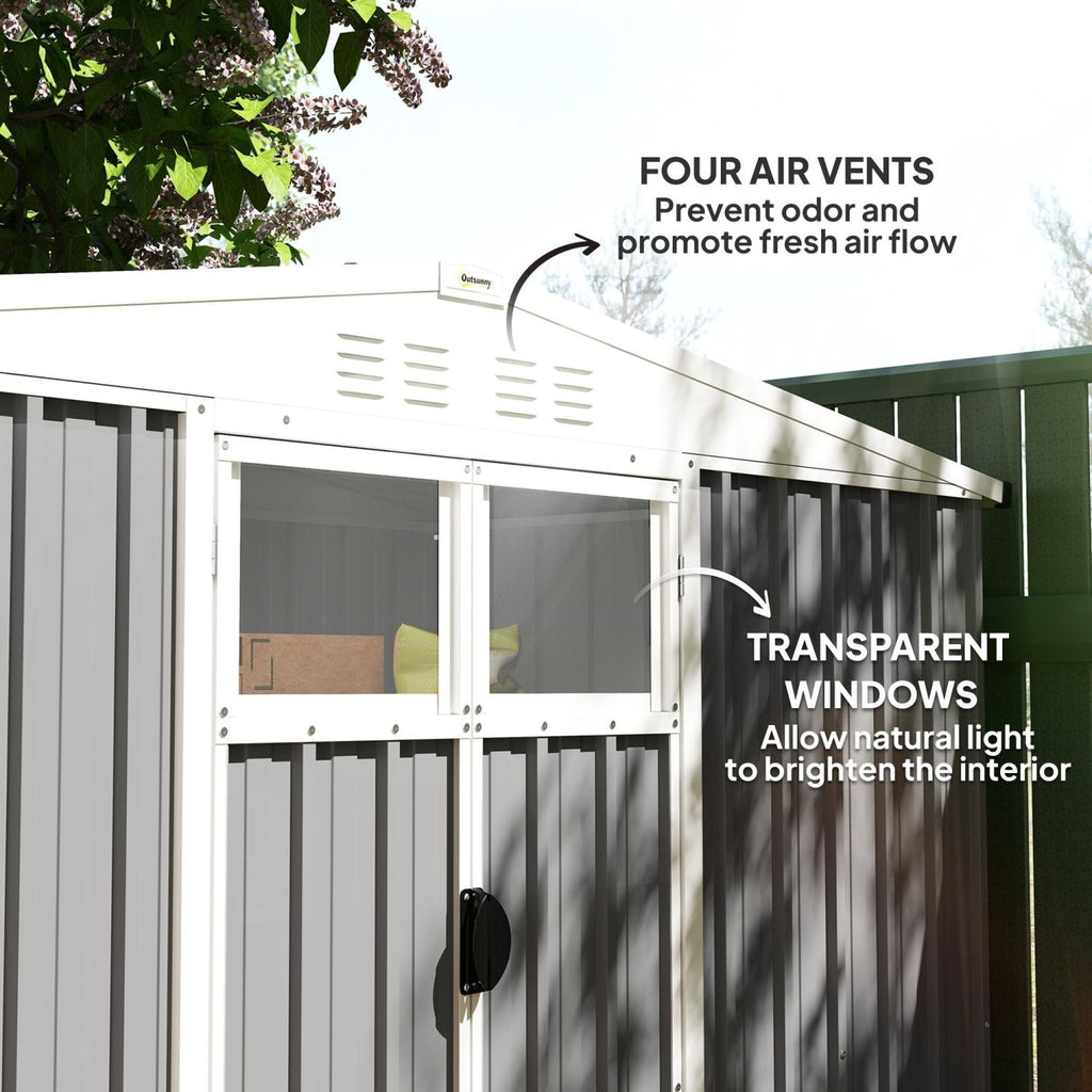 Outsunny 8 x 4 ft Metal Garden Shed, Garden Storage Shed with Window, 4 Vents and Lockable Door, Waterproof Galvanised Steel Tool Storage Shed, Light Grey - SGP Garden Ltd