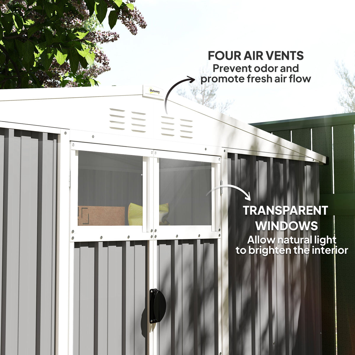 Outsunny 8 x 4 ft Metal Garden Shed, Garden Storage Shed with Window, 4 Vents and Lockable Door, Waterproof Galvanised Steel Tool Storage Shed, Light Grey - SGP Garden Ltd