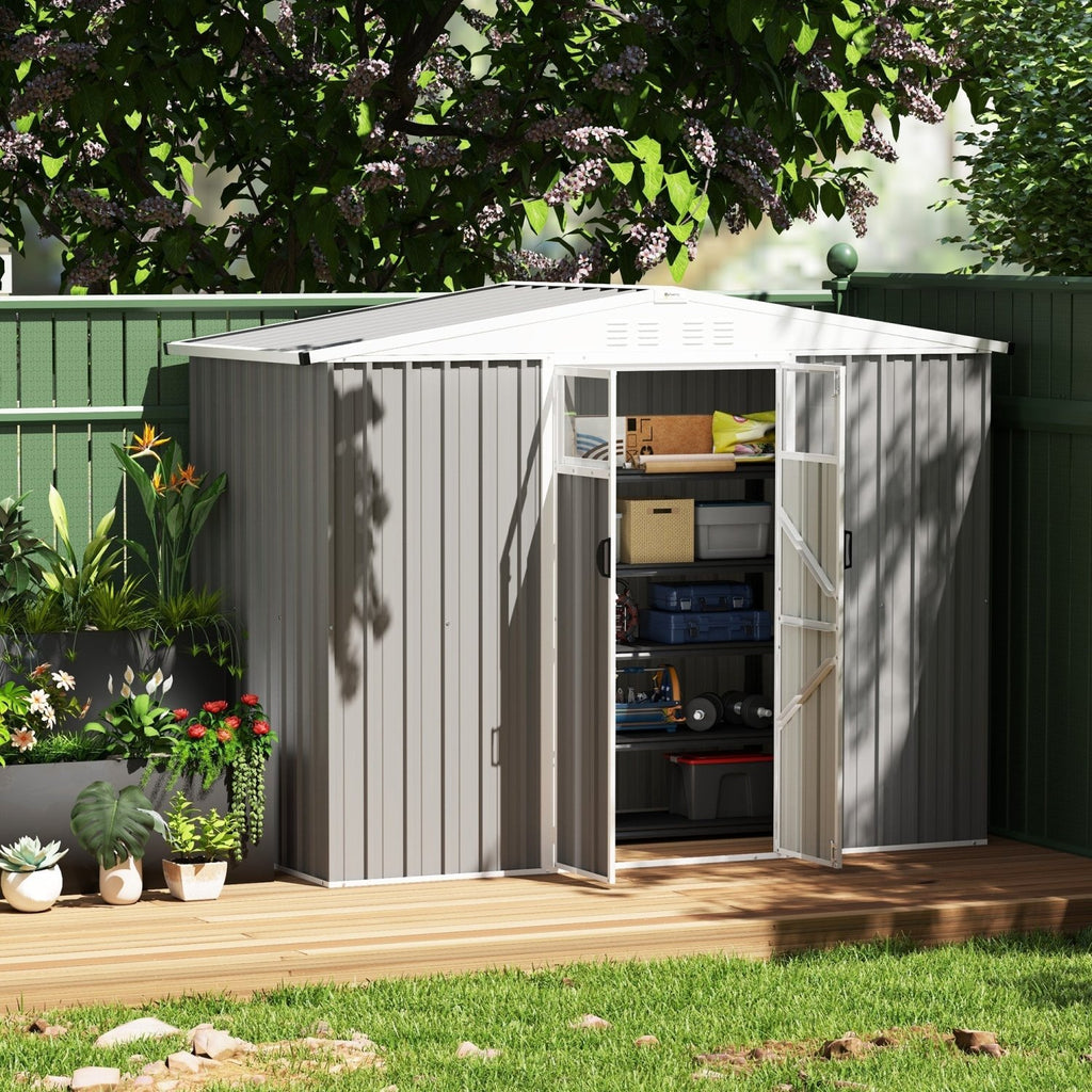 Outsunny 8 x 4 ft Metal Garden Shed, Garden Storage Shed with Window, 4 Vents and Lockable Door, Waterproof Galvanised Steel Tool Storage Shed, Light Grey - SGP Garden Ltd
