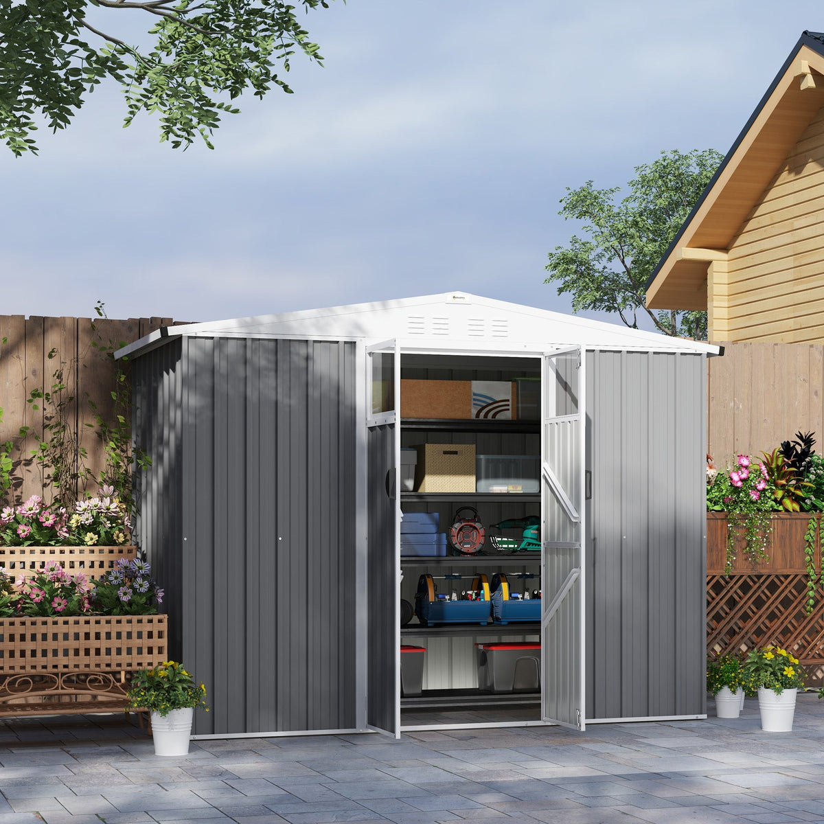 Outsunny 8 x 4 ft Metal Garden Shed, Garden Storage Shed with Window, 4 Vents and Lockable Door, Waterproof Galvanised Steel Tool Storage Shed, Light Grey - SGP Garden Ltd