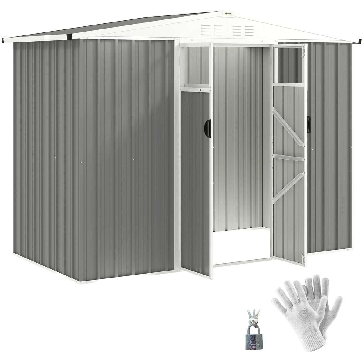 Outsunny 8 x 4 ft Metal Garden Shed, Garden Storage Shed with Window, 4 Vents and Lockable Door, Waterproof Galvanised Steel Tool Storage Shed, Light Grey - SGP Garden Ltd