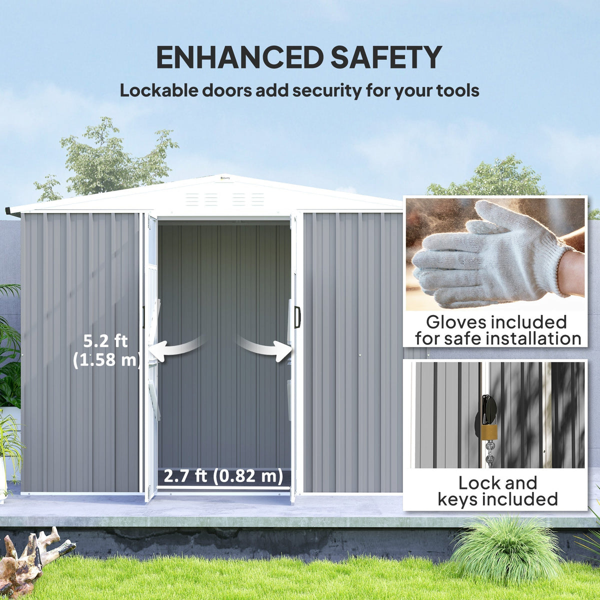 Outsunny 8 x 4 ft Metal Garden Shed, Garden Storage Shed with Window, 4 Vents and Lockable Door, Waterproof Galvanised Steel Tool Storage Shed, Light Grey - SGP Garden Ltd