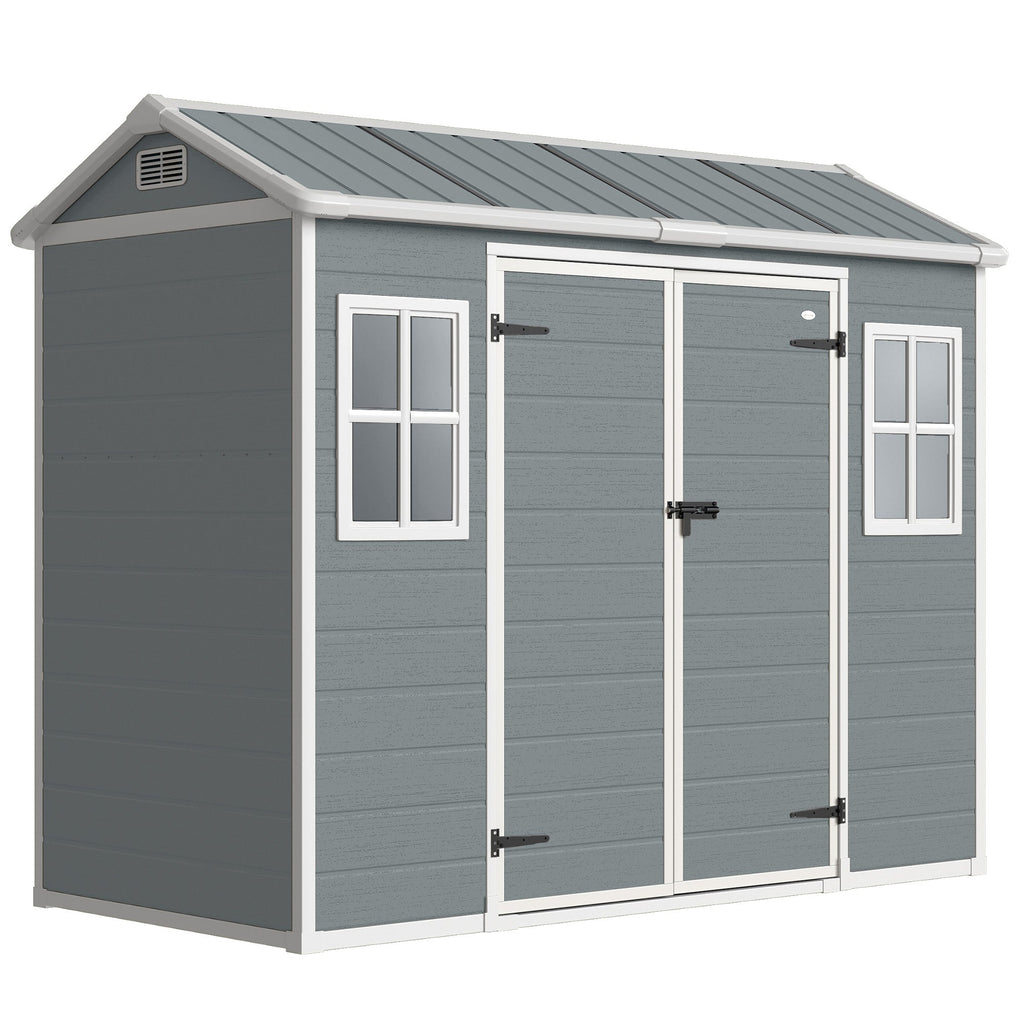 Outsunny 8 x 4 ft Resin Garden Shed, Wood-Effect Outdoor Storage Shed with Floor, Windows, Lockable Doors and Vents, Light Grey - SGP Garden Ltd