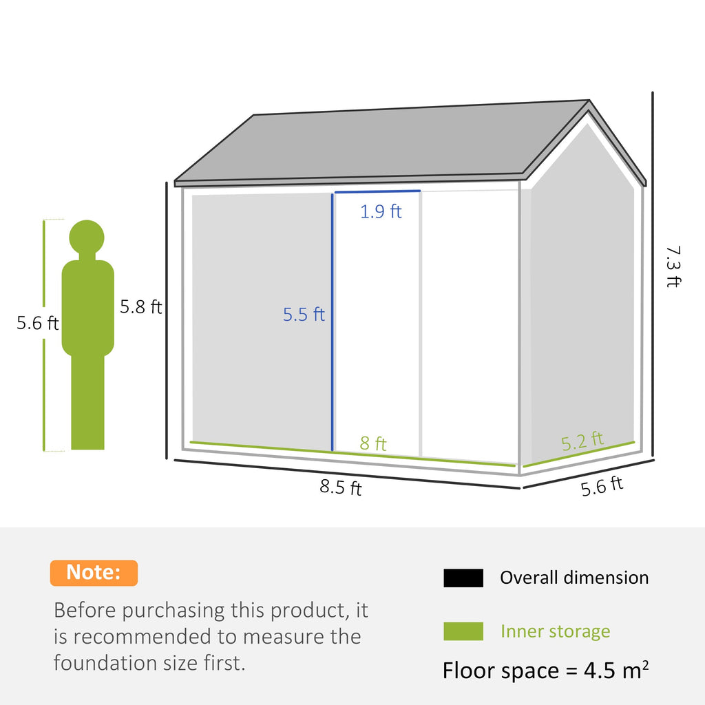 Outsunny 8 x 6 ft Galvanised Garden Shed, Outsoor Metal Storage Shed with Double Doors Window Air Vents for Patio, Lawn, Grey - SGP Garden Ltd