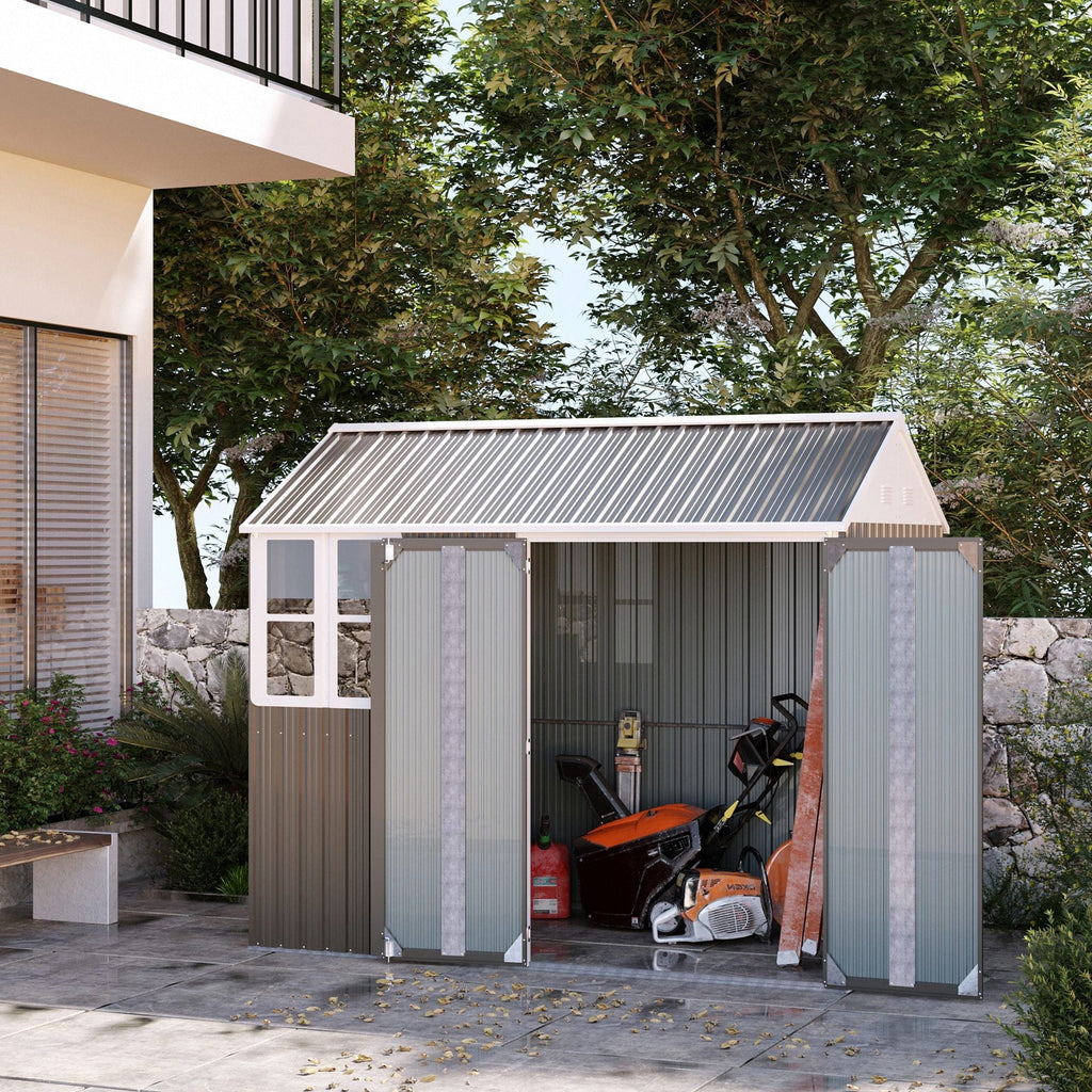 Outsunny 8 x 6 ft Galvanised Garden Shed, Outsoor Metal Storage Shed with Double Doors Window Air Vents for Patio, Lawn, Grey - SGP Garden Ltd