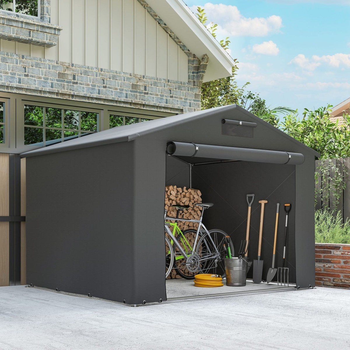 Outsunny 8 x 6 ft Outdoor Garden Storage Shed, Waterproof Bike Tent with Roll-Up Zipper Door, Dark Grey - SGP Garden Ltd
