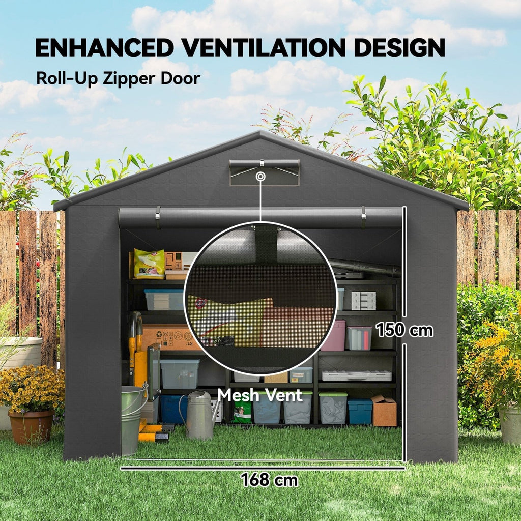 Outsunny 8 x 6 ft Outdoor Garden Storage Shed, Waterproof Bike Tent with Roll-Up Zipper Door, Dark Grey - SGP Garden Ltd