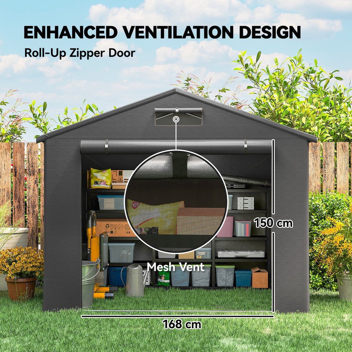 Outsunny 8 x 6 ft Outdoor Garden Storage Shed, Waterproof Bike Tent with Roll-Up Zipper Door, Dark Grey - SGP Garden Ltd