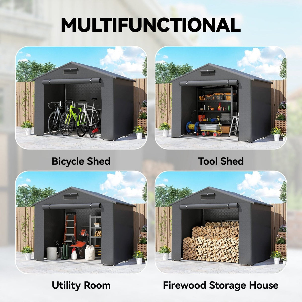 Outsunny 8 x 6 ft Outdoor Garden Storage Shed, Waterproof Bike Tent with Roll-Up Zipper Door, Dark Grey - SGP Garden Ltd