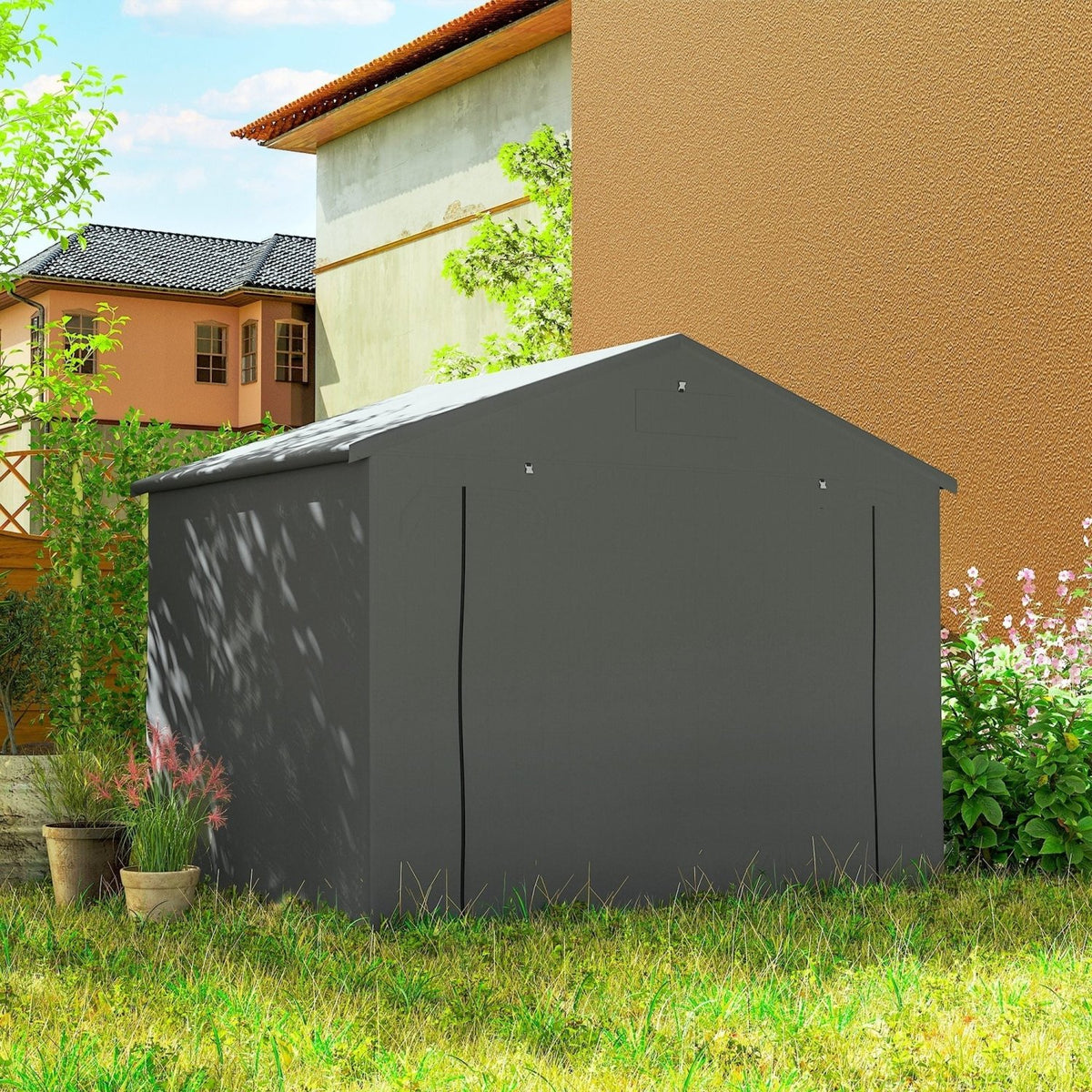 Outsunny 8 x 6 ft Outdoor Garden Storage Shed, Waterproof Bike Tent with Roll-Up Zipper Door, Dark Grey - SGP Garden Ltd