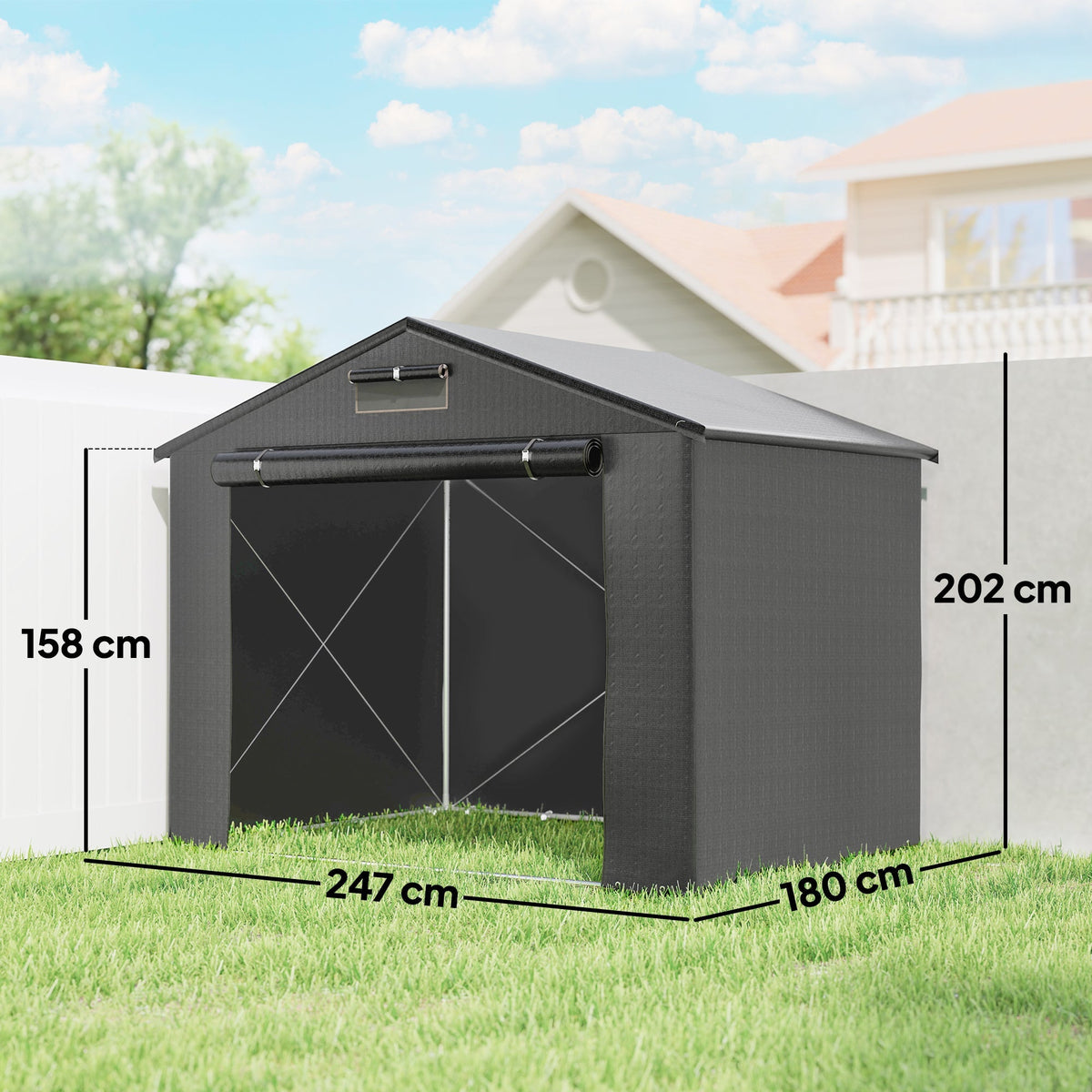 Outsunny 8 x 6 ft Outdoor Garden Storage Shed, Waterproof Bike Tent with Roll-Up Zipper Door, Dark Grey - SGP Garden Ltd
