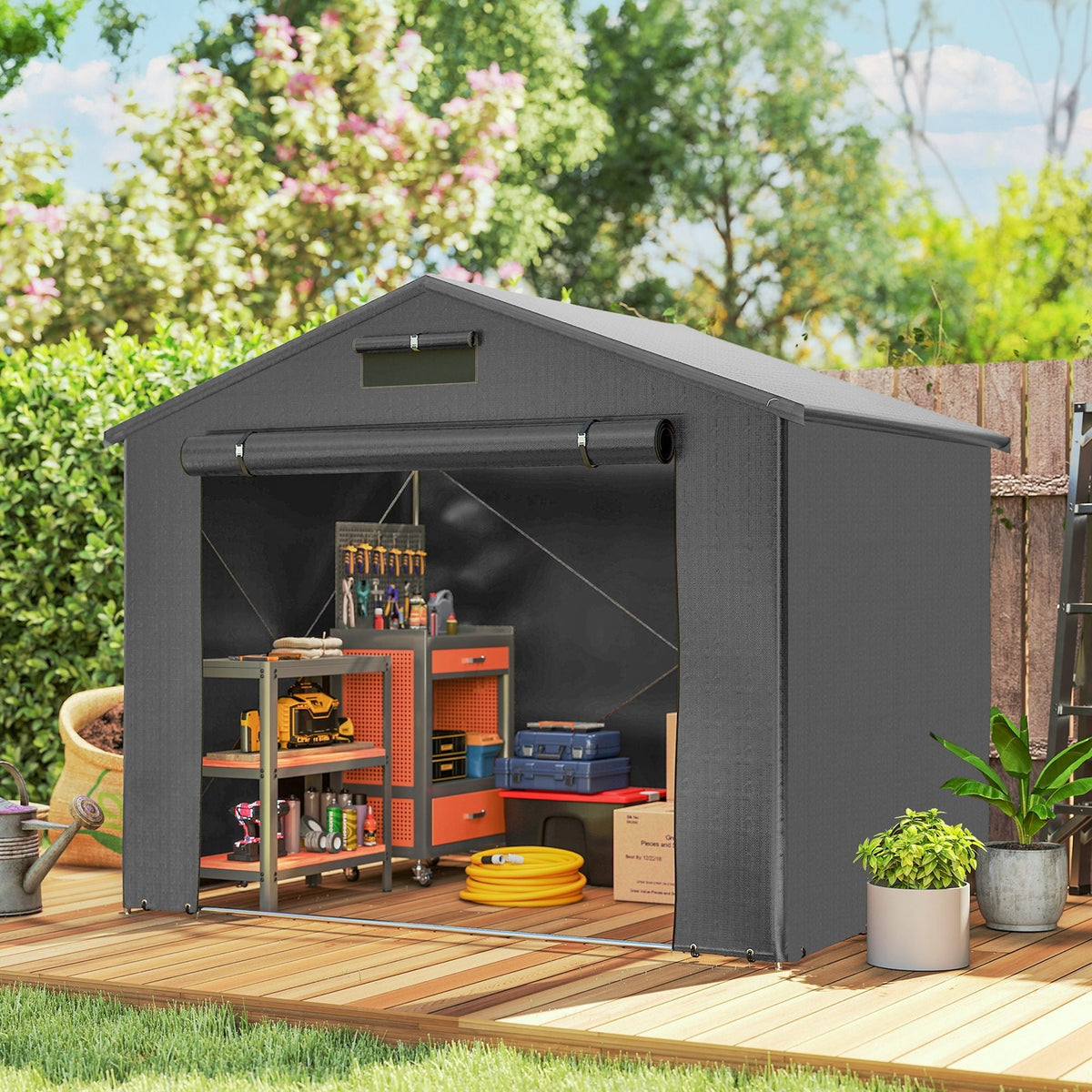 Outsunny 8 x 6 ft Outdoor Garden Storage Shed, Waterproof Bike Tent with Roll-Up Zipper Door, Dark Grey - SGP Garden Ltd