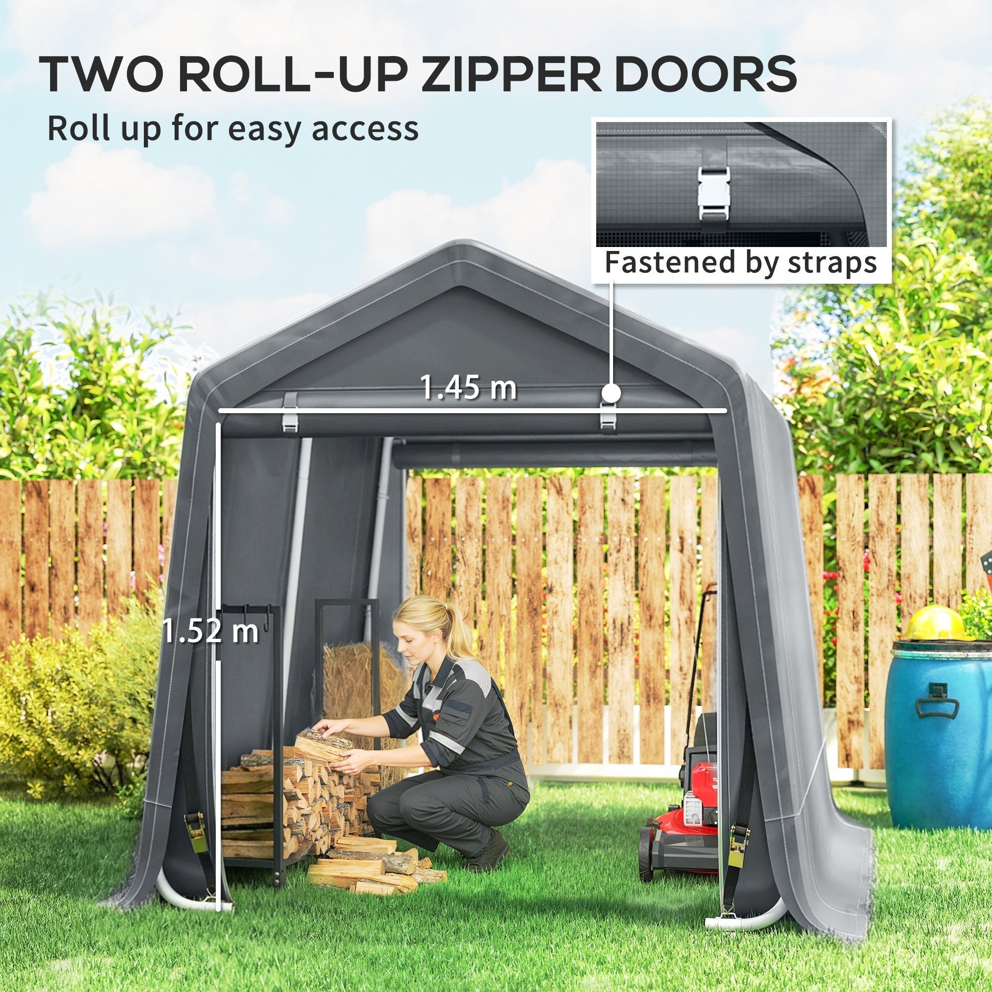 Outsunny 8 x 6.5 ft Outdoor Garden Storage Shed, Waterproof Bike Tent w/ Double Roll-up Zipper Door for Garden Tools, Dark Grey - SGP Garden Ltd