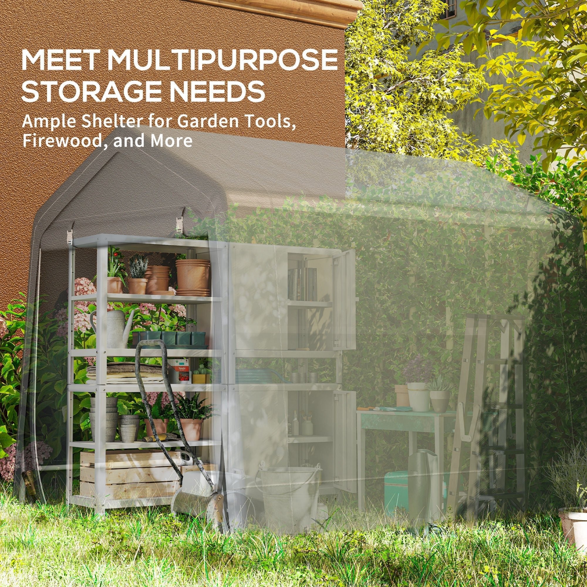 Outsunny 8 x 6.5 ft Outdoor Garden Storage Shed, Waterproof Bike Tent w/ Double Roll-up Zipper Door for Garden Tools, Dark Grey - SGP Garden Ltd