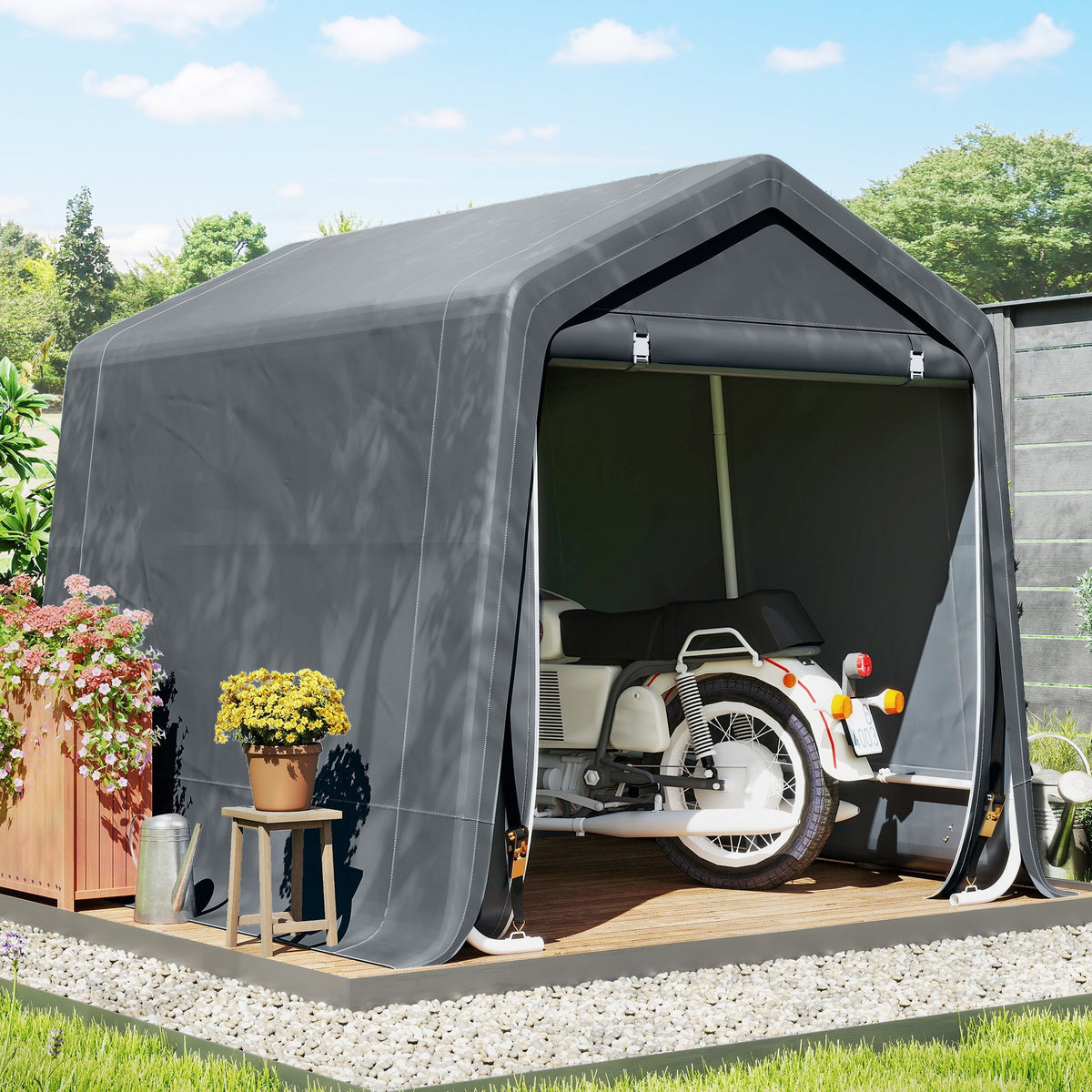 Outsunny 8 x 6.5 ft Outdoor Garden Storage Shed, Waterproof Bike Tent w/ Double Roll-up Zipper Door for Garden Tools, Dark Grey - SGP Garden Ltd