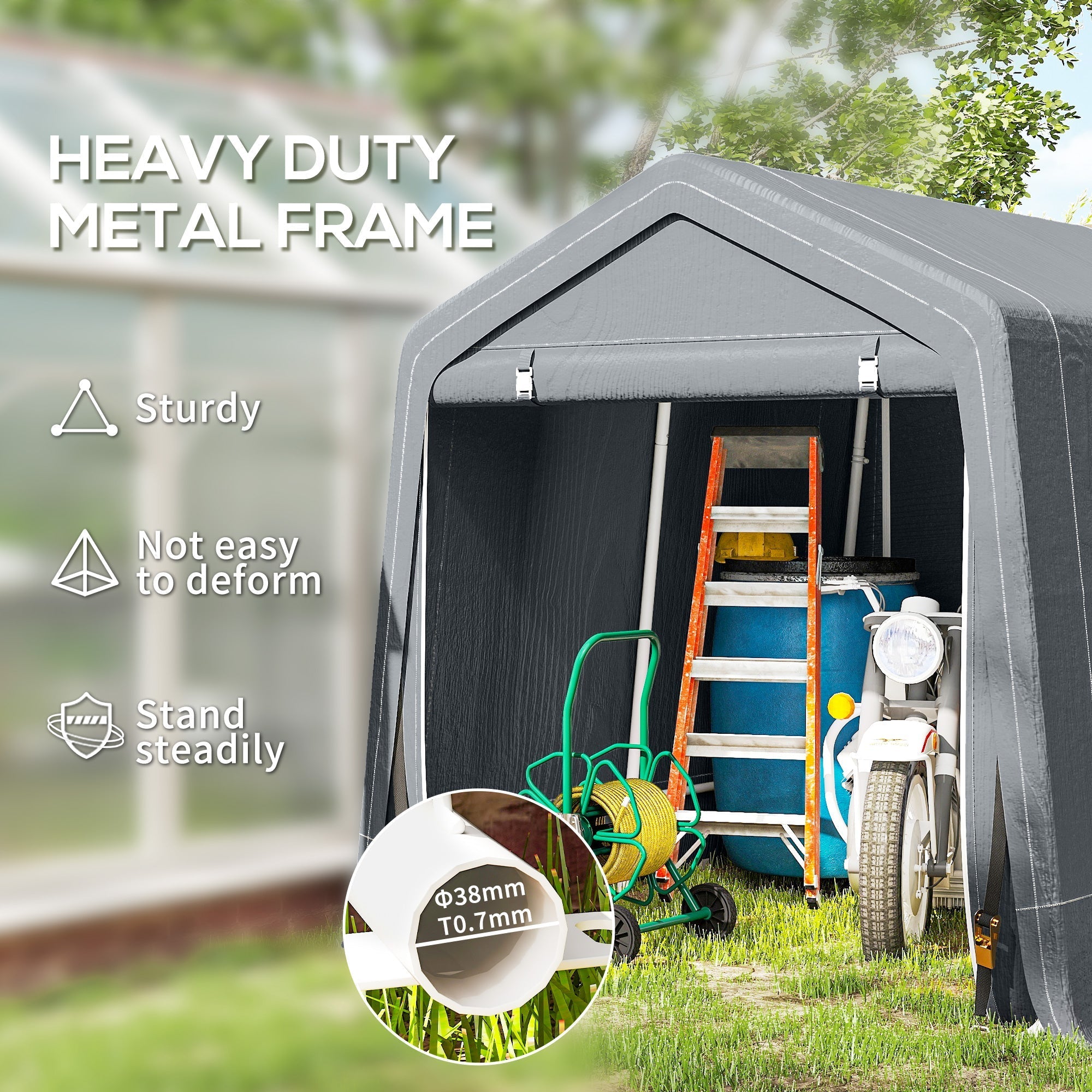 Outsunny 8 x 6.5 ft Outdoor Garden Storage Shed, Waterproof Bike Tent w/ Double Roll-up Zipper Door for Garden Tools, Dark Grey - SGP Garden Ltd