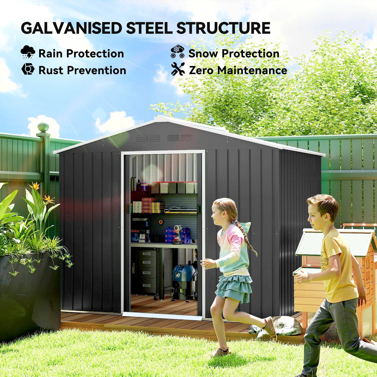 Outsunny 8 x 6ft Galvanised Steel Shed, with Double Door - Dark Grey - SGP Garden Ltd