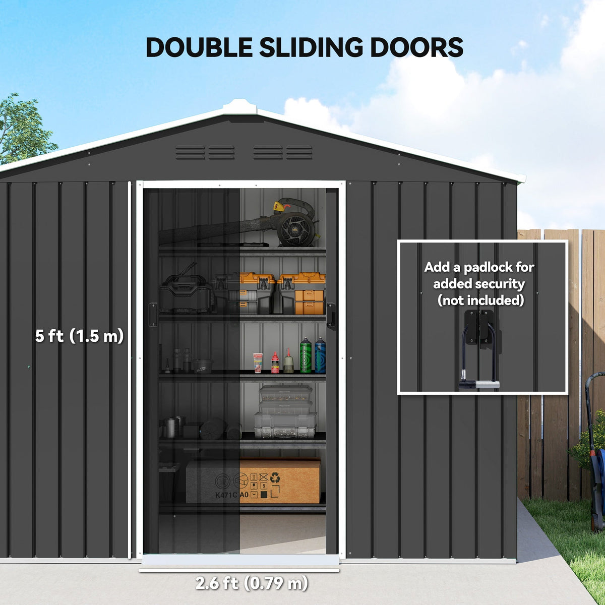 Outsunny 8 x 6ft Galvanised Steel Shed, with Double Door - Dark Grey - SGP Garden Ltd